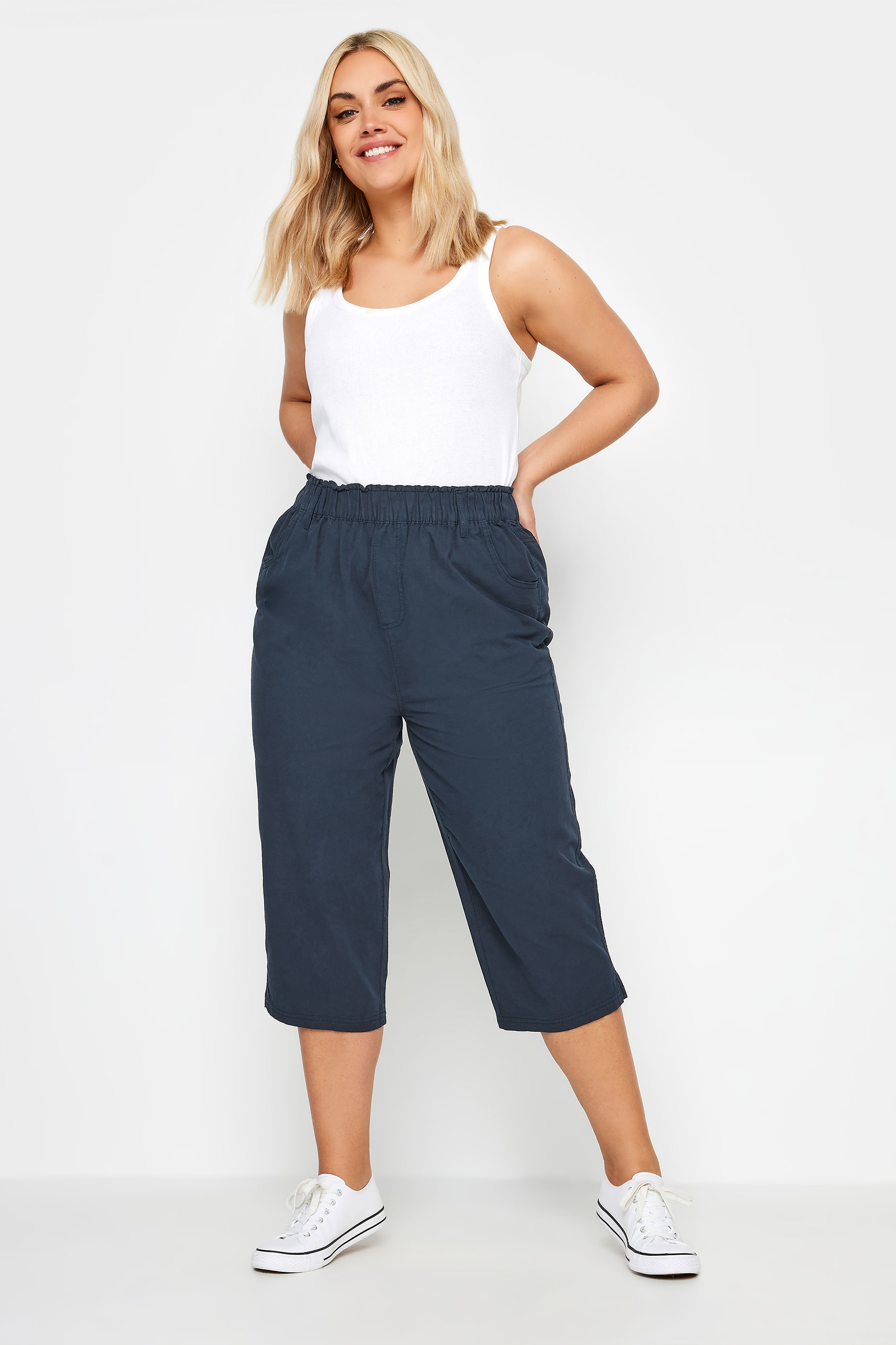 YOURS Plus Size Navy Blue Cool Cotton Cropped Trousers | Yours Clothing 2