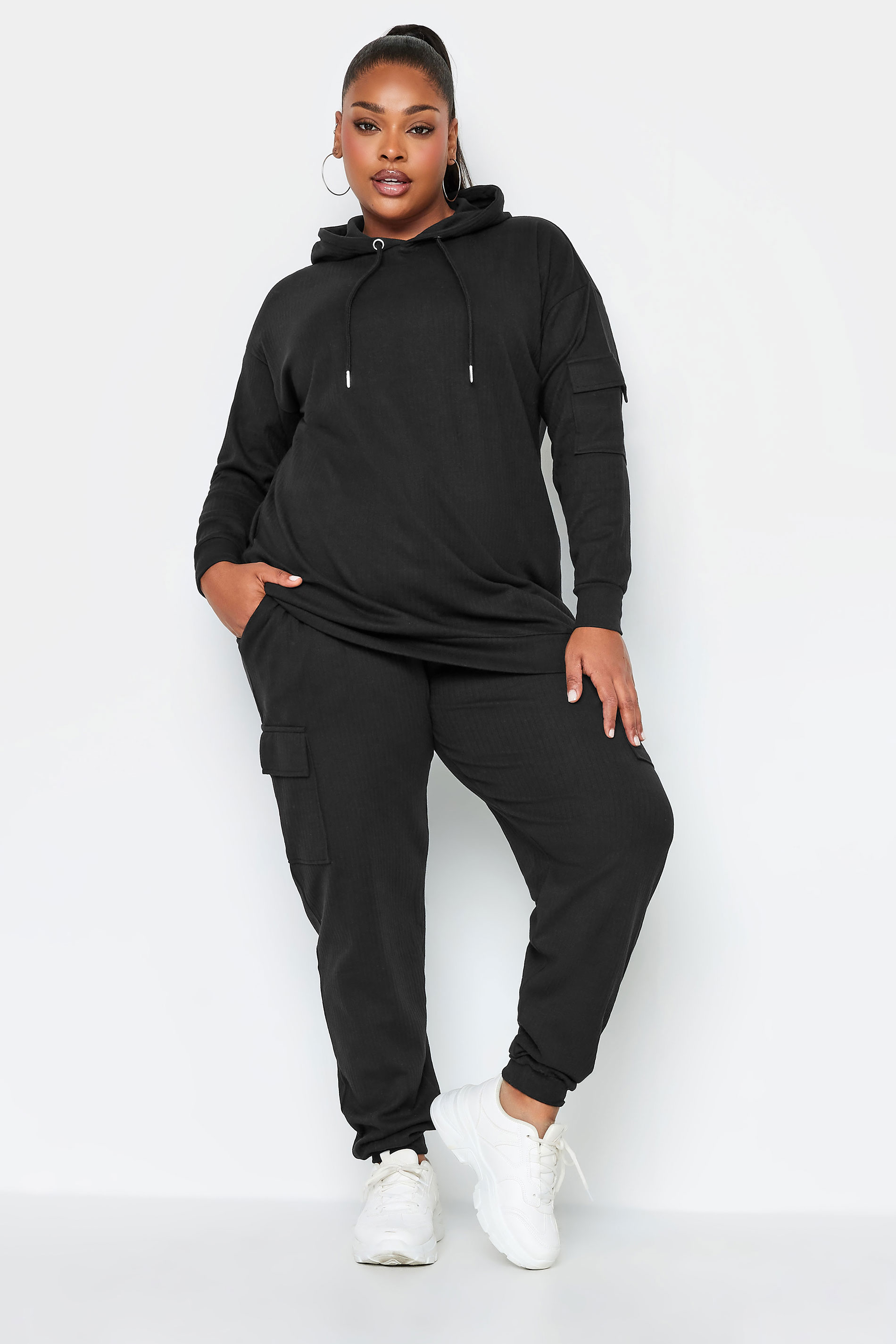YOURS Plus Size Black Ribbed Cargo Joggers | Yours Clothing 2