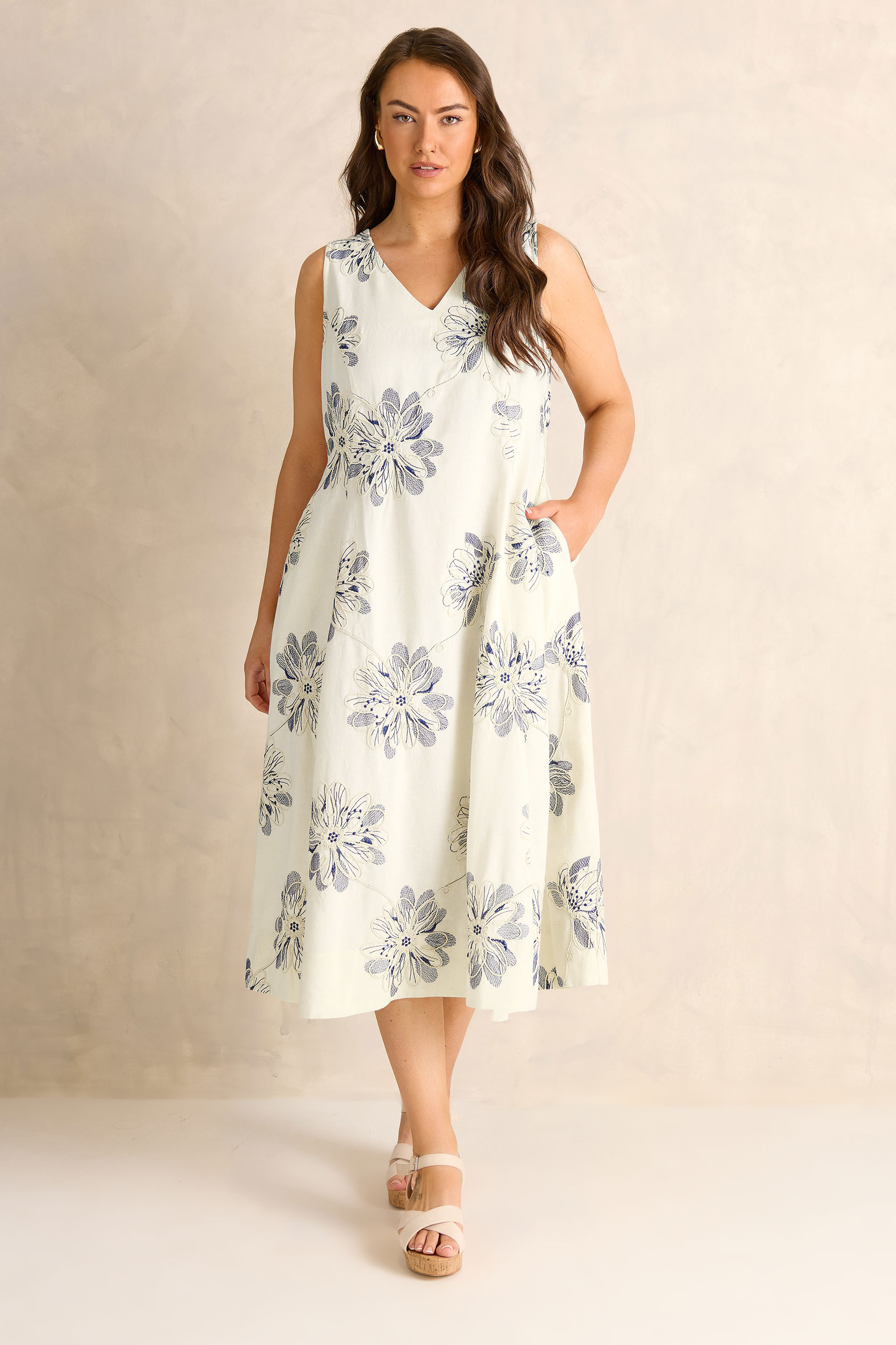 EVANS Plus Size Cream Embroidered Floral Linen Midi Dress | Evans 2