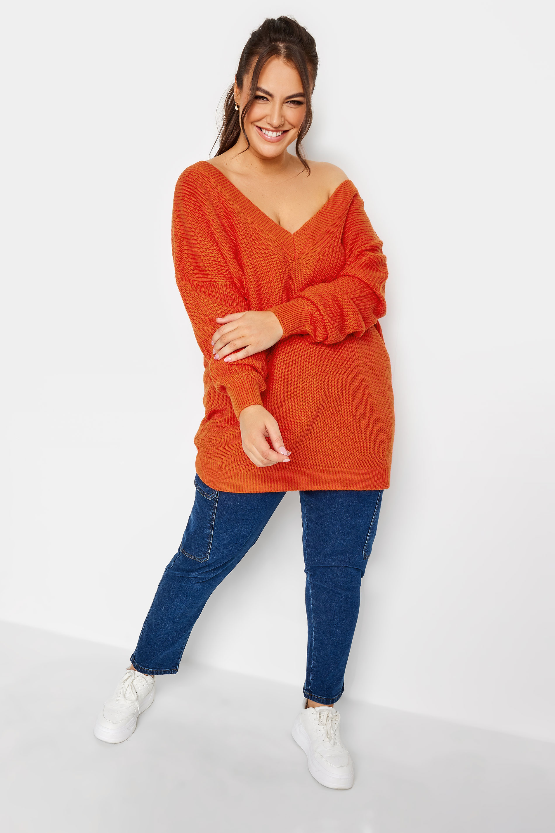 YOURS Plus Size Orange Double V-Neck Jumper | Yours Clothing 2