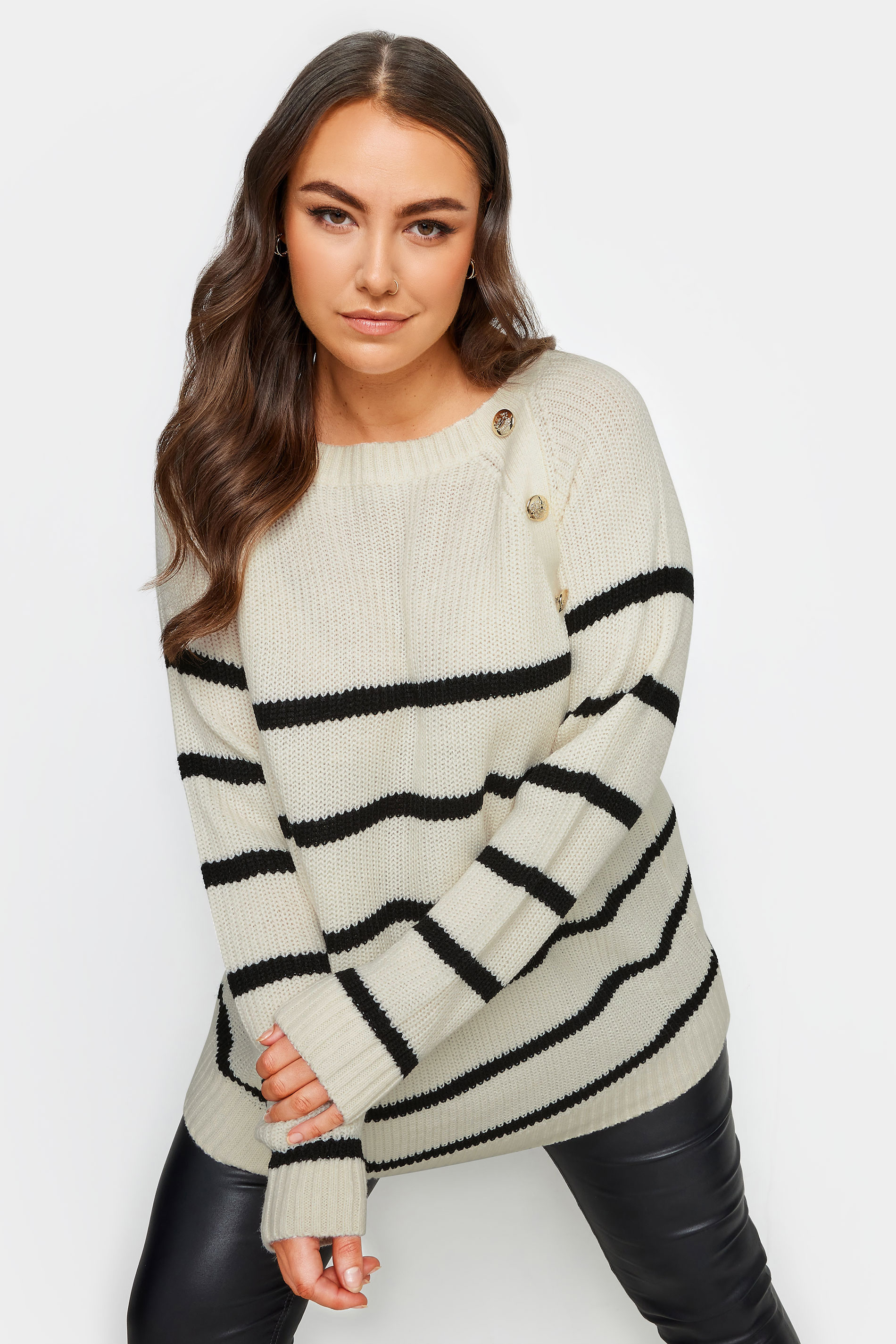 YOURS Plus Size Ivory White Stripe Button Detail Jumper | Yours Clothing