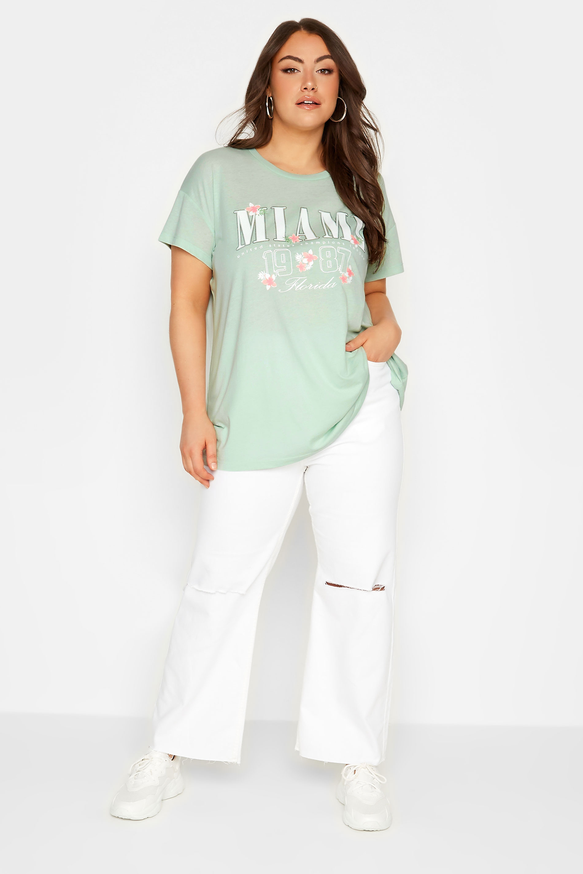 YOURS Plus Size Green 'Miami' Print Varsity T-Shirt | Yours Clothing 2