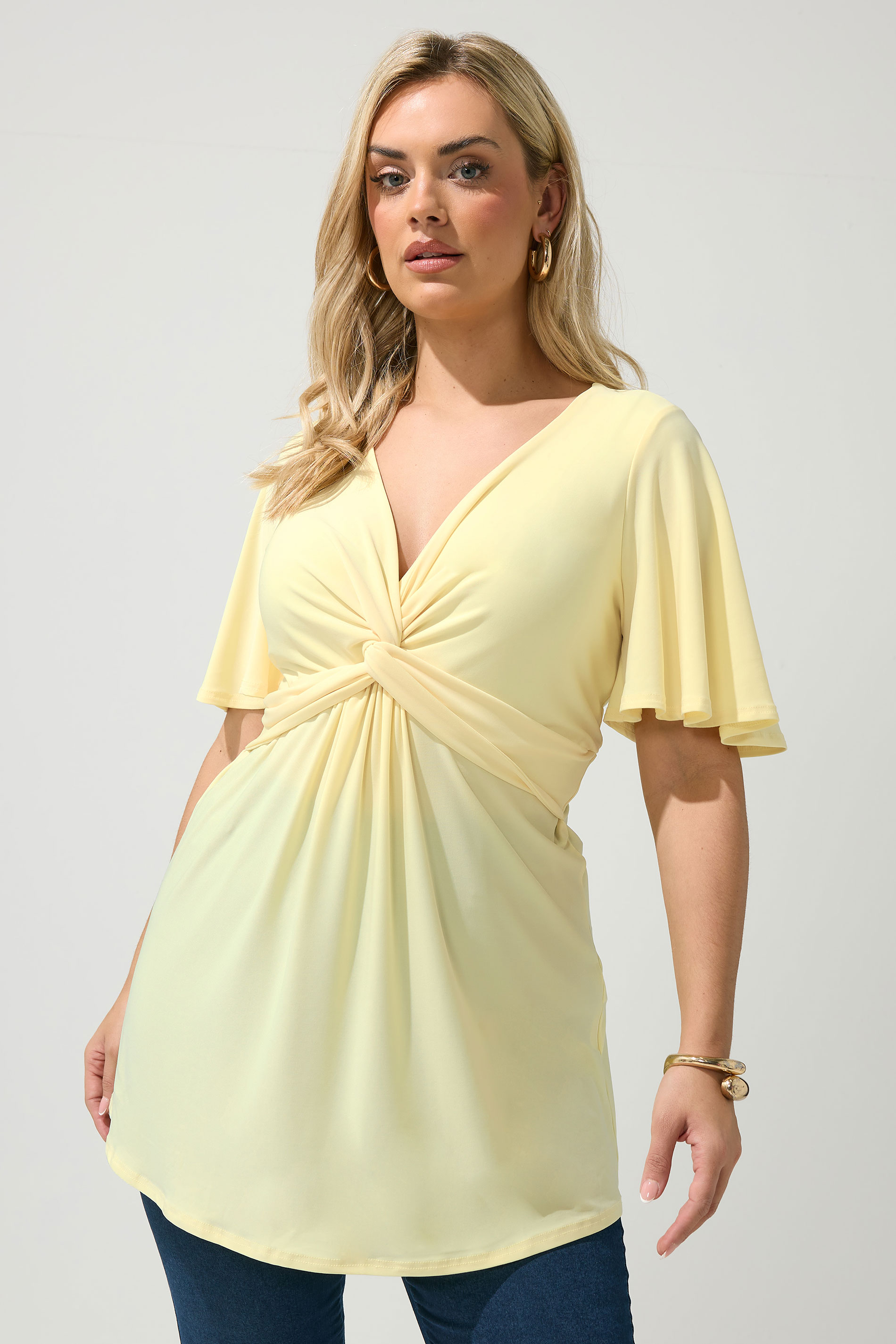 YOURS LONDON Plus Size Yellow Knot Detail Front Short Sleeve Top | Yours Clothing 3