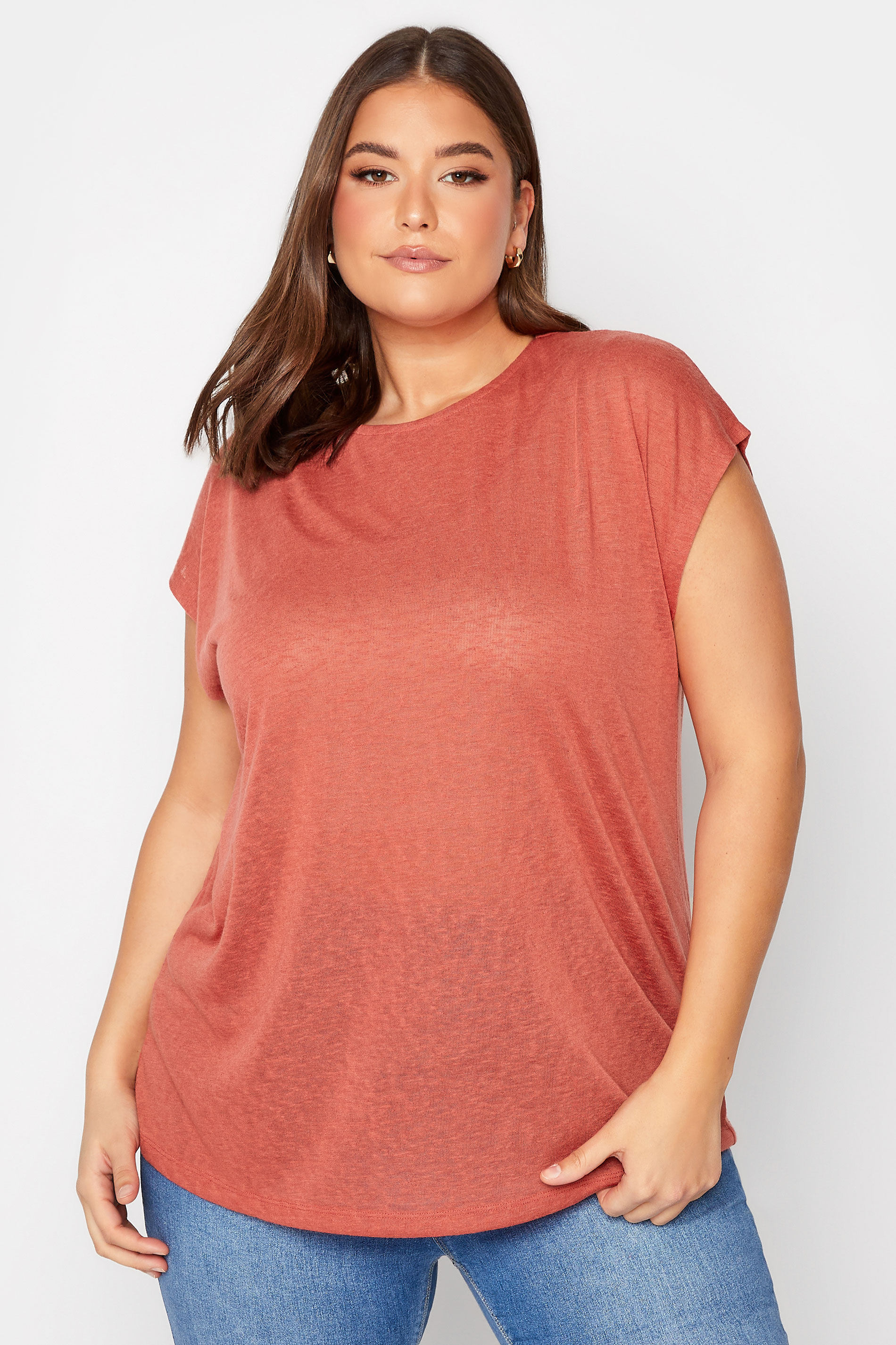 YOURS Curve 2 PACK Plus Size Khaki Green & Rust Orange Linen Look T-Shirt | Yours Clothing  2