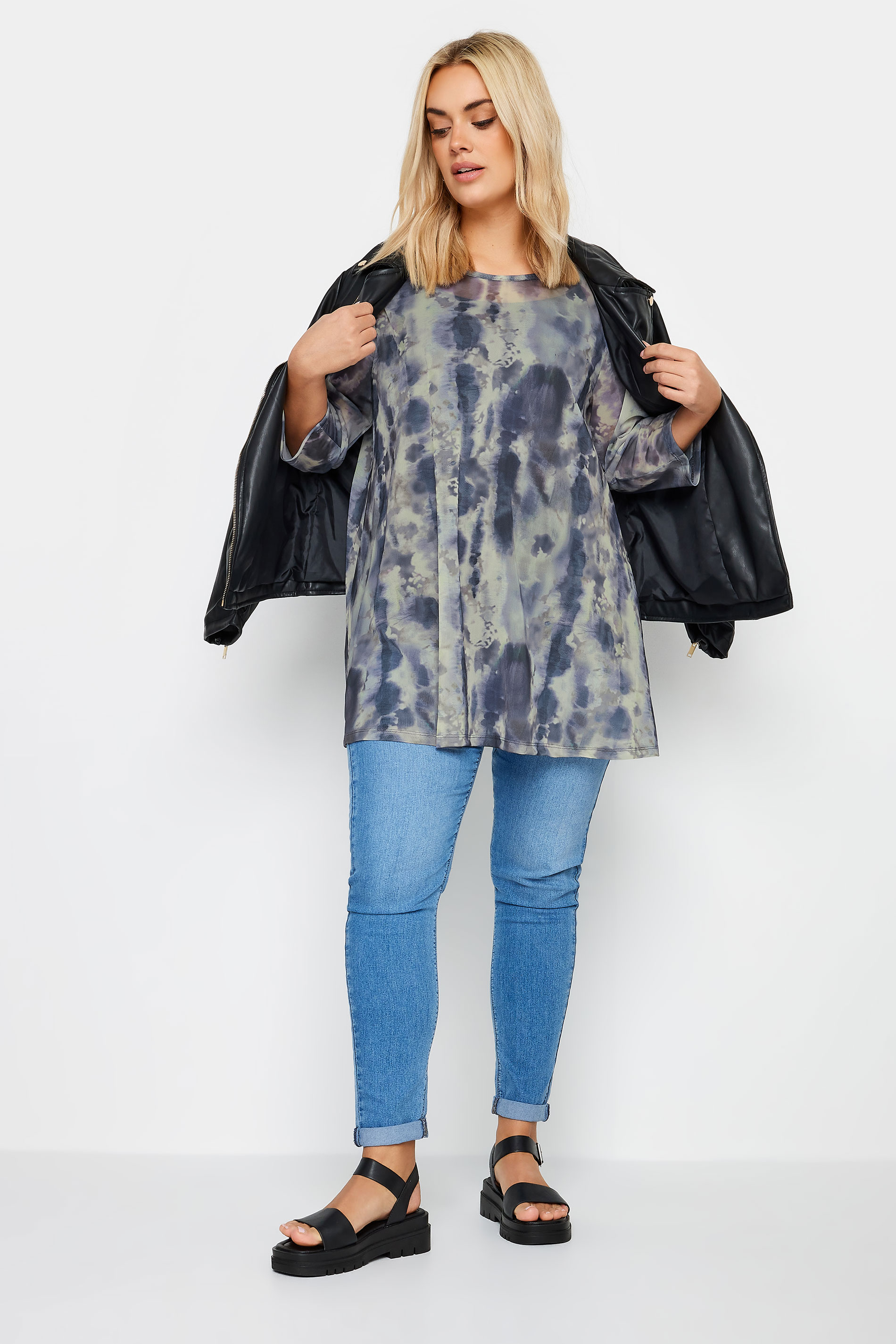 YOURS Plus Size Blue Abstract Print Mesh Layered Top | Yours Clothing 3