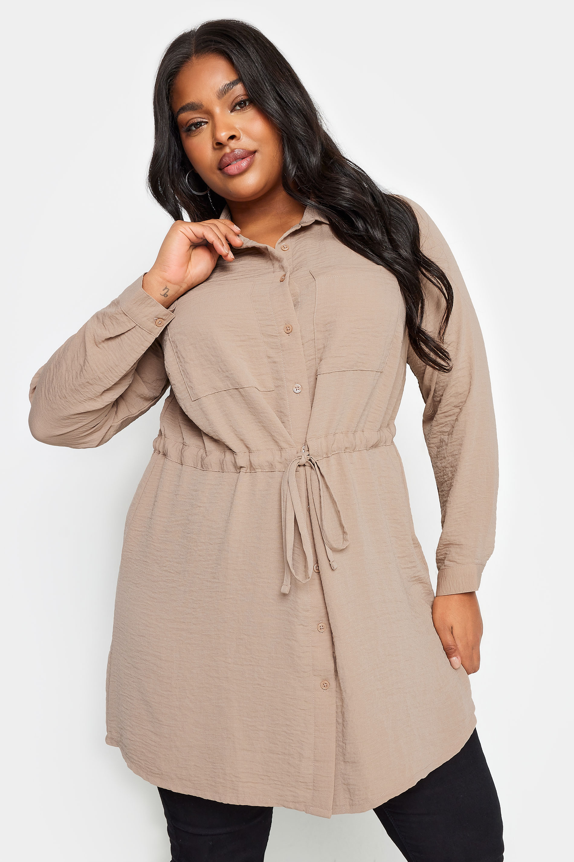 YOURS Plus Size Beige Brown Utility Tunic Shirt | Yours Clothing 1