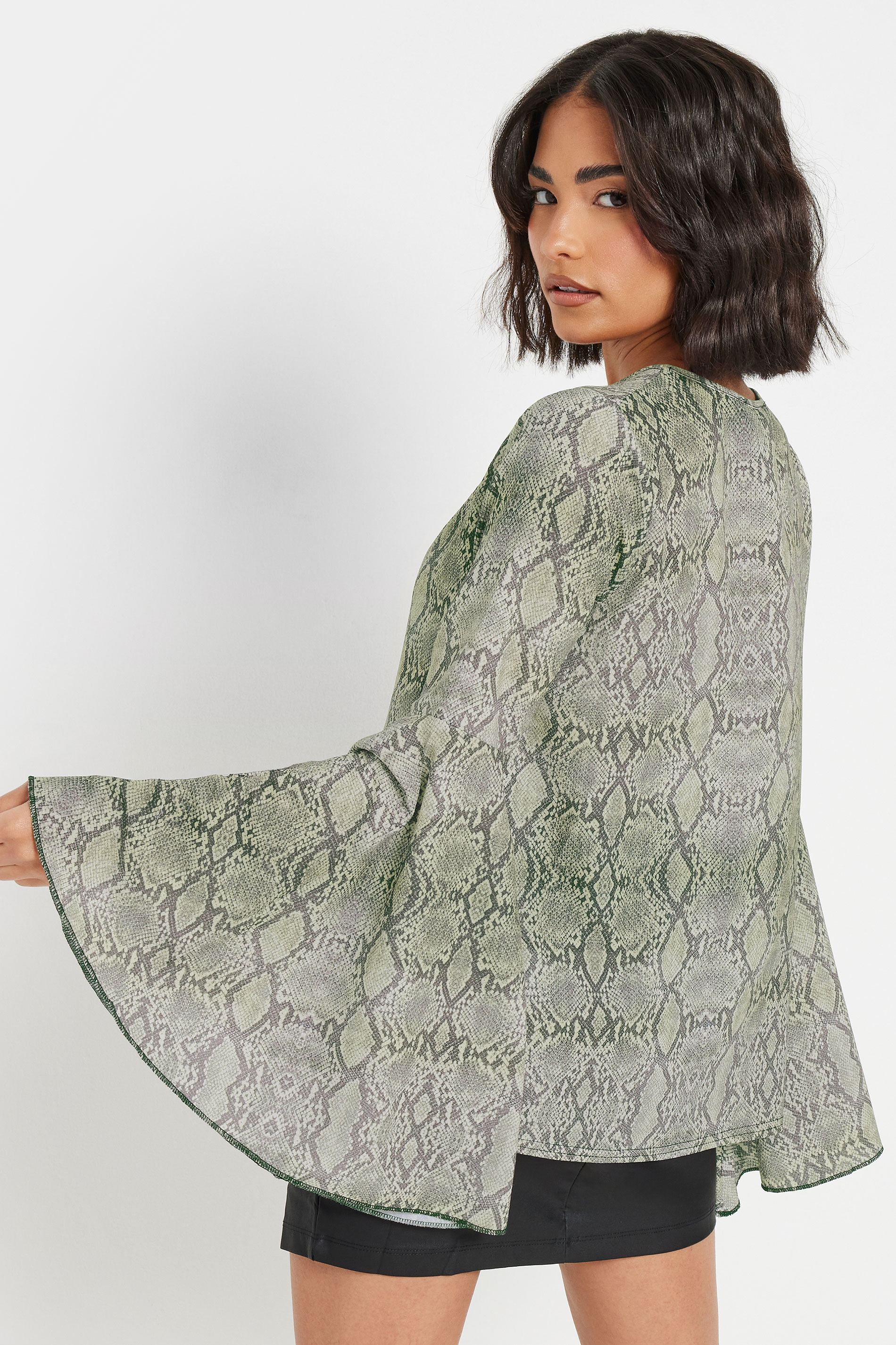 PixieGirl Petite Women's Grey Woven Snake Print Bell Sleeve Top | PixieGirl 2