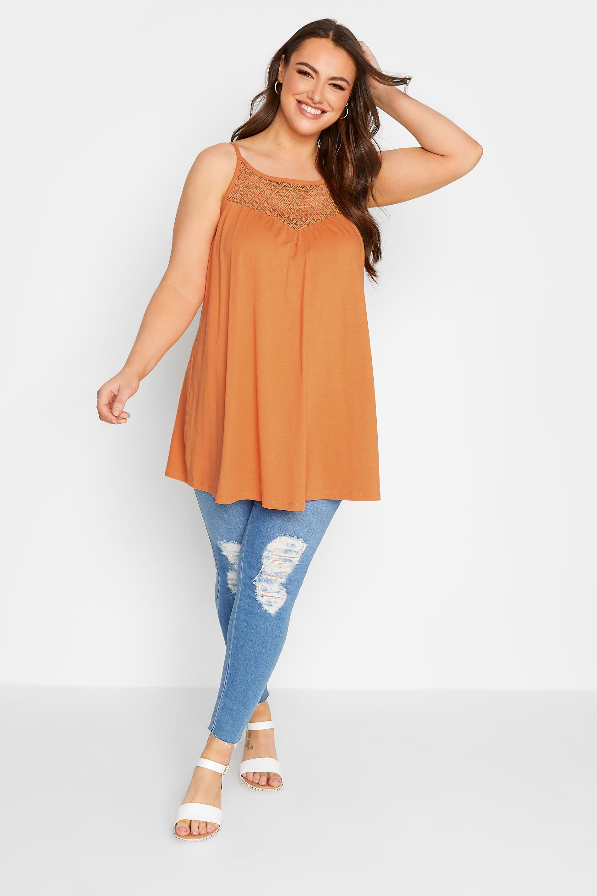 YOURS Plus Size Orange Crochet Vest Top | Yours Clothing  2