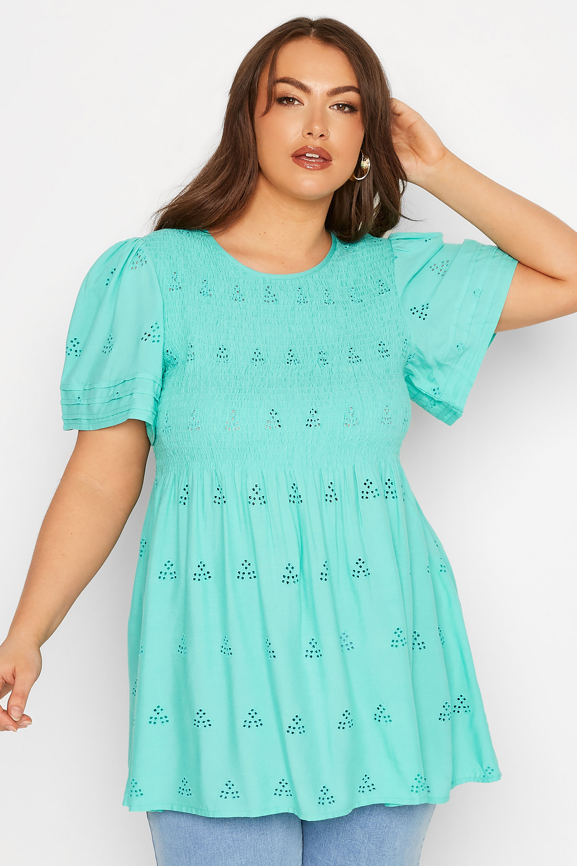 LIMITED COLLECTION Plus Size Blue Embroidered Shirred Top | Yours Clothing 1