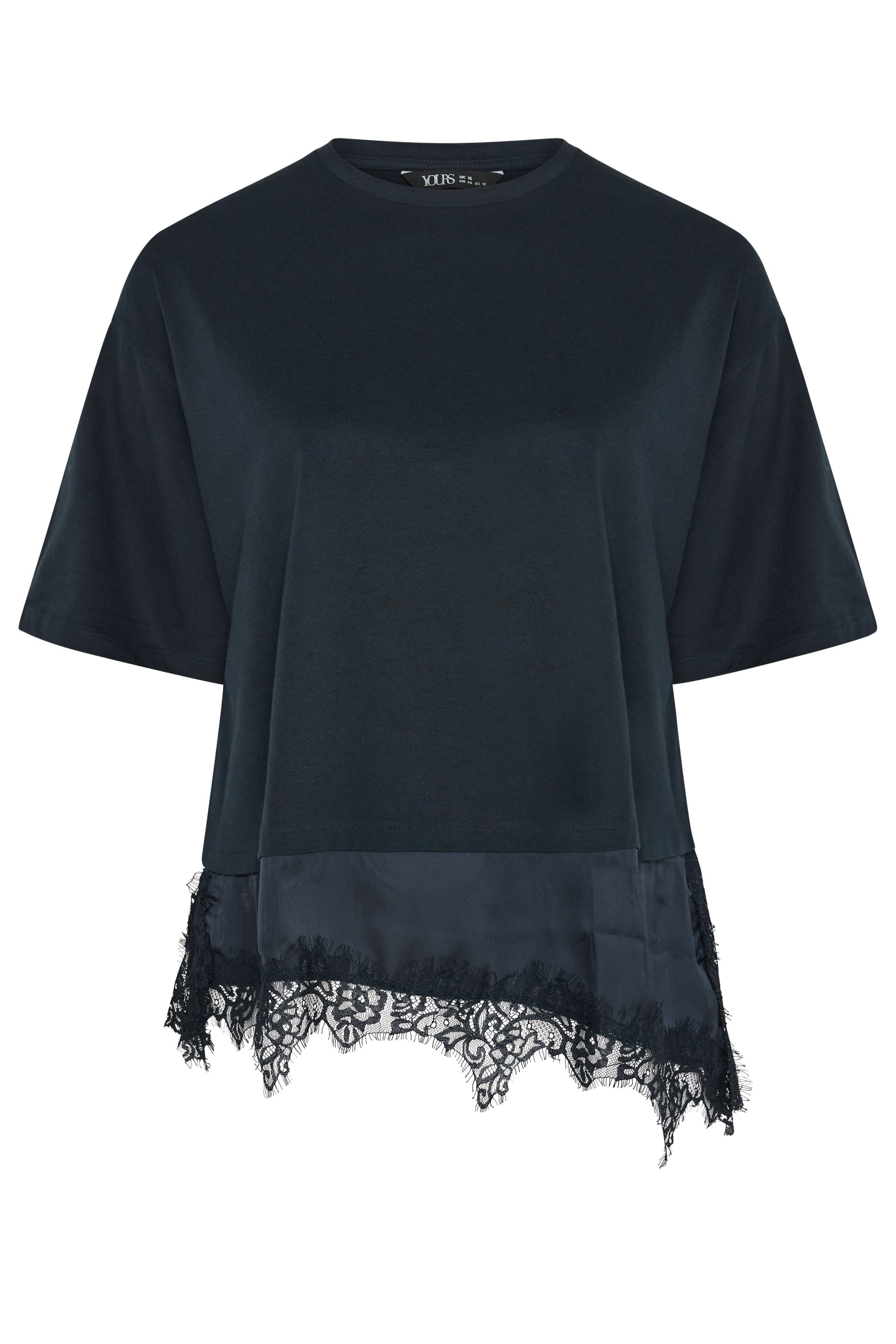 YOURS Plus Size Navy Blue Satin Lace Trim T-Shirt | Yours Clothing 5