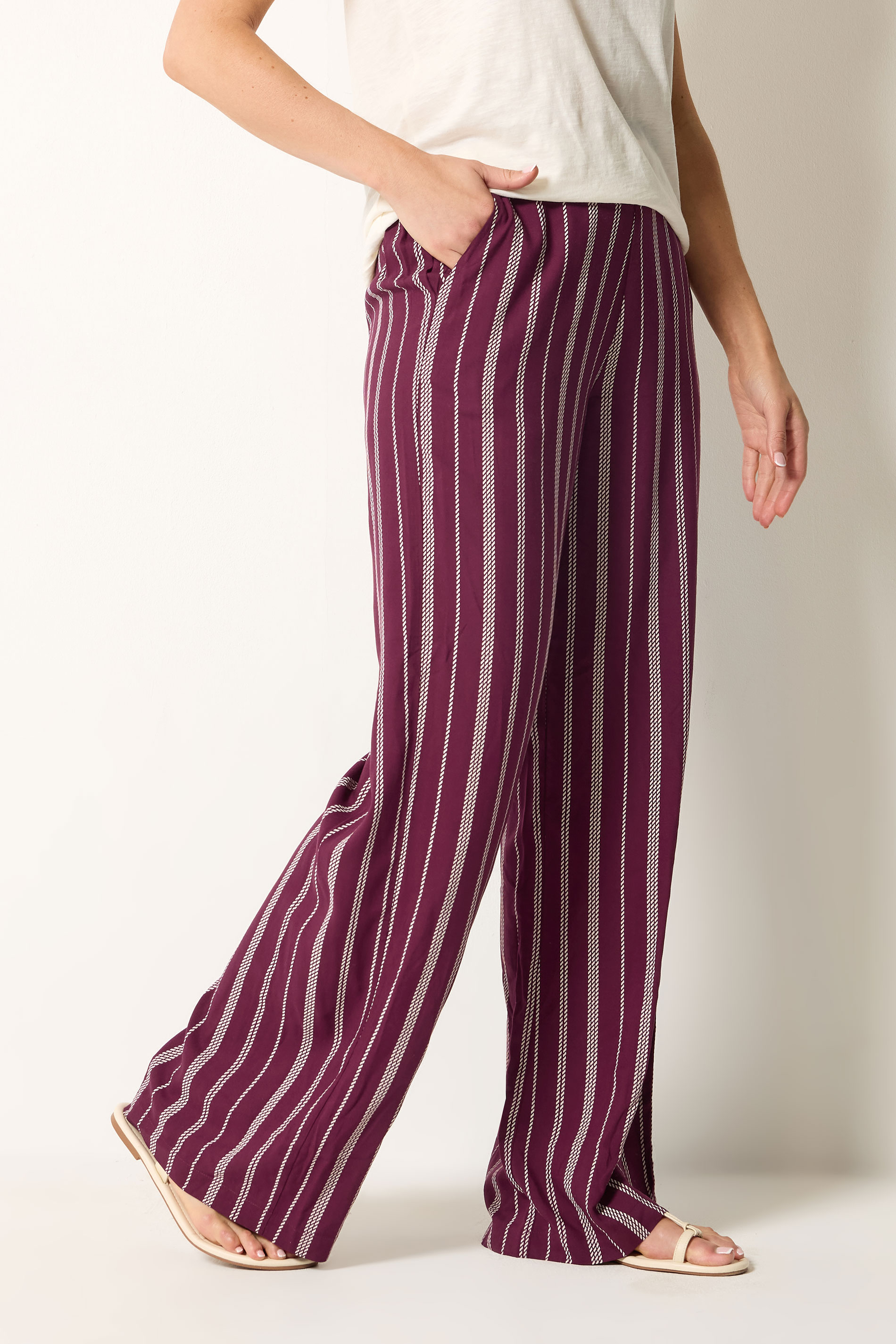 LTS Tall Women's Burgundy Red Rope Stripe Wide Leg Trousers | Long Tall Sally 1