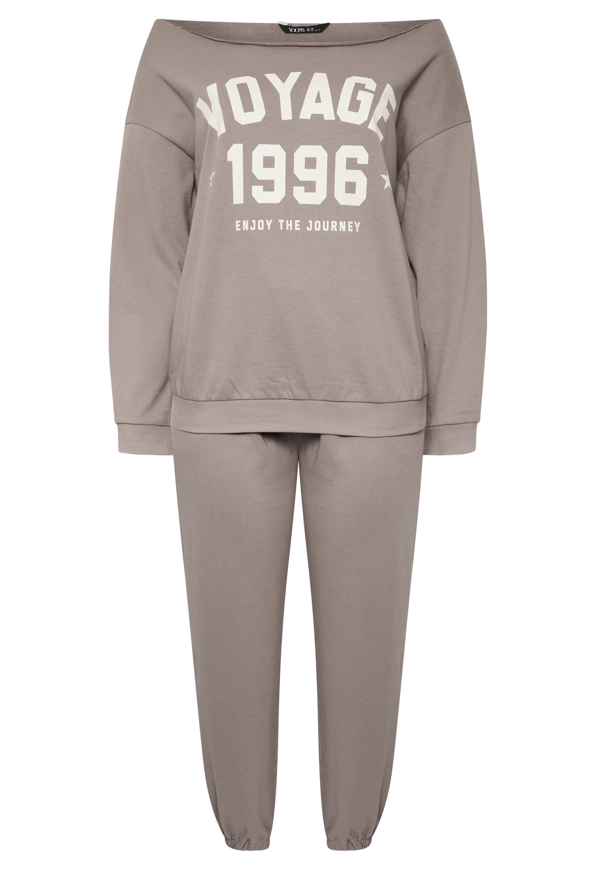 YOURS Plus Size Brown 'Voyage' Off-Shoulder Sweatshirt & Jogger Set | Yours Clothing 1