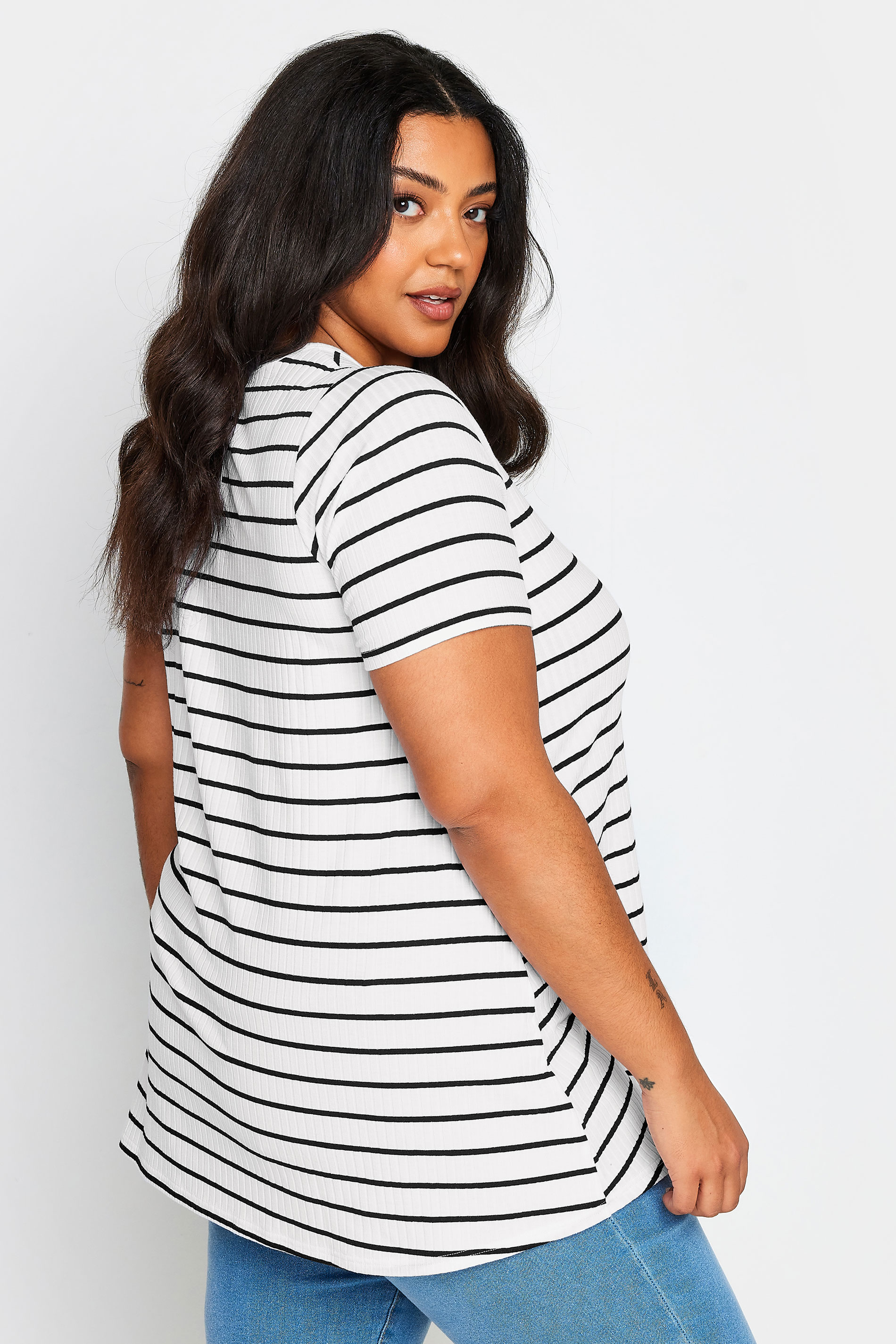 YOURS Plus Size White Stripe Ribbed T-Shirt | Yours Clothing 3