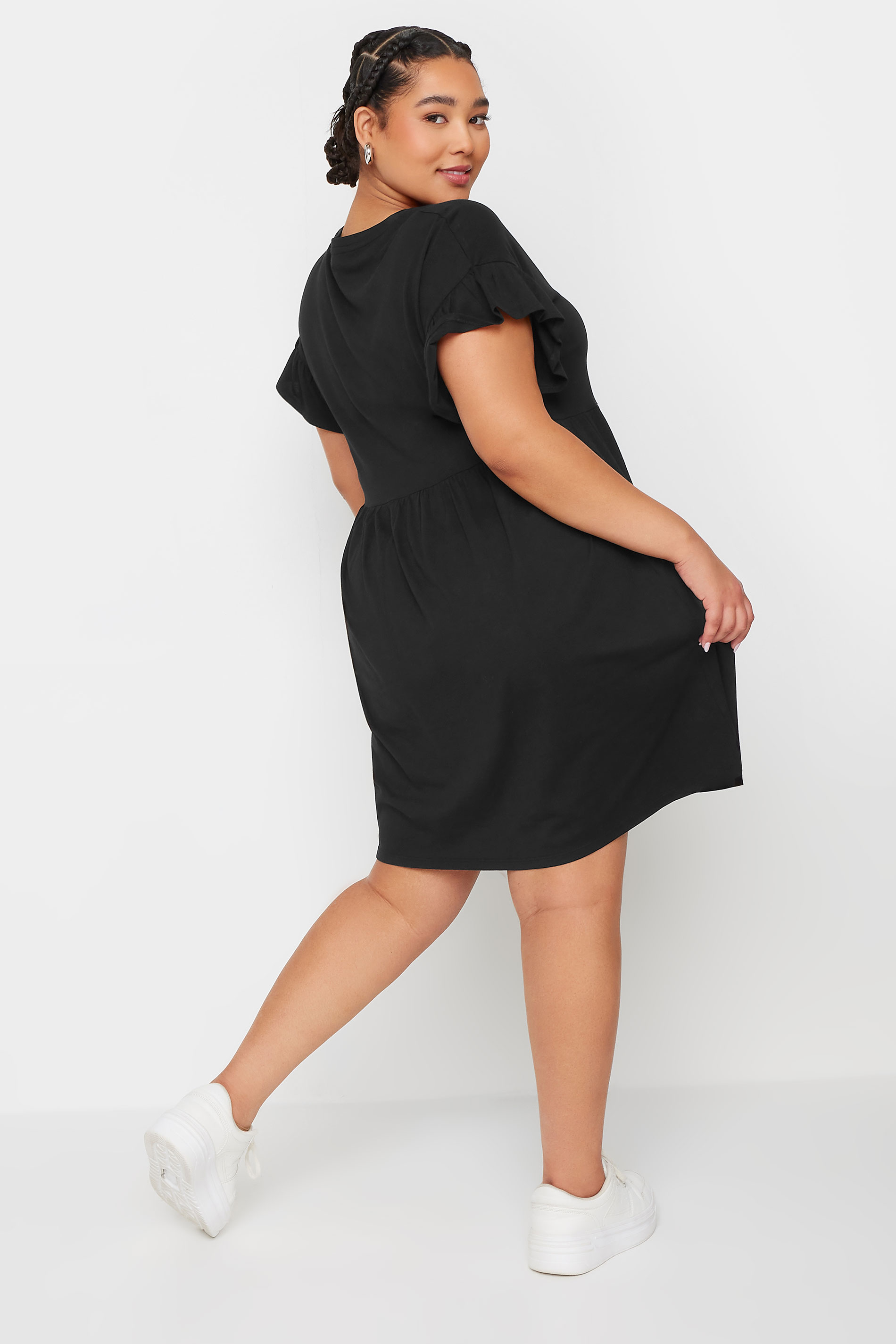 YOURS Plus Size Black Frill Sleeve Smock Tunic Dress | Yours Clothing 2