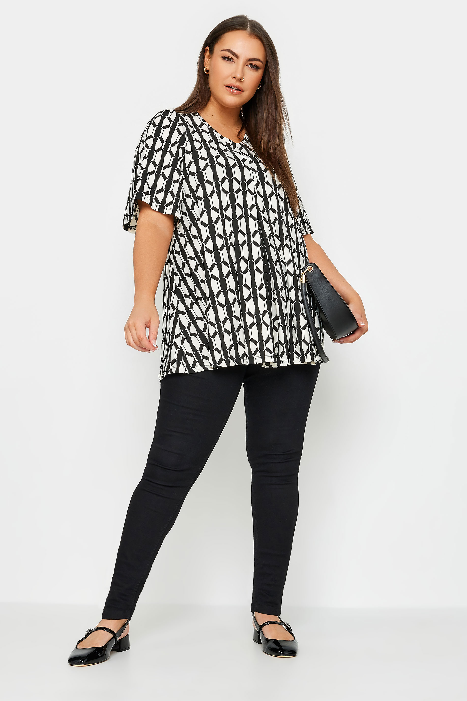 YOURS Plus Size Black Geometric Print Pleat Front Top | Yours Clothing 2