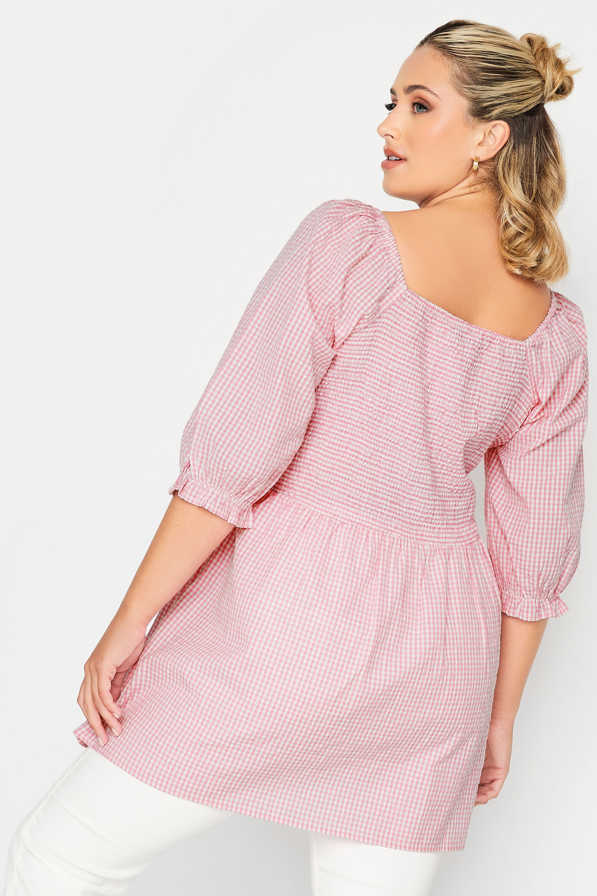 YOURS Plus Size Curve Pink Gingham Print Square Neck Shirred Top | Yours Clothing 3