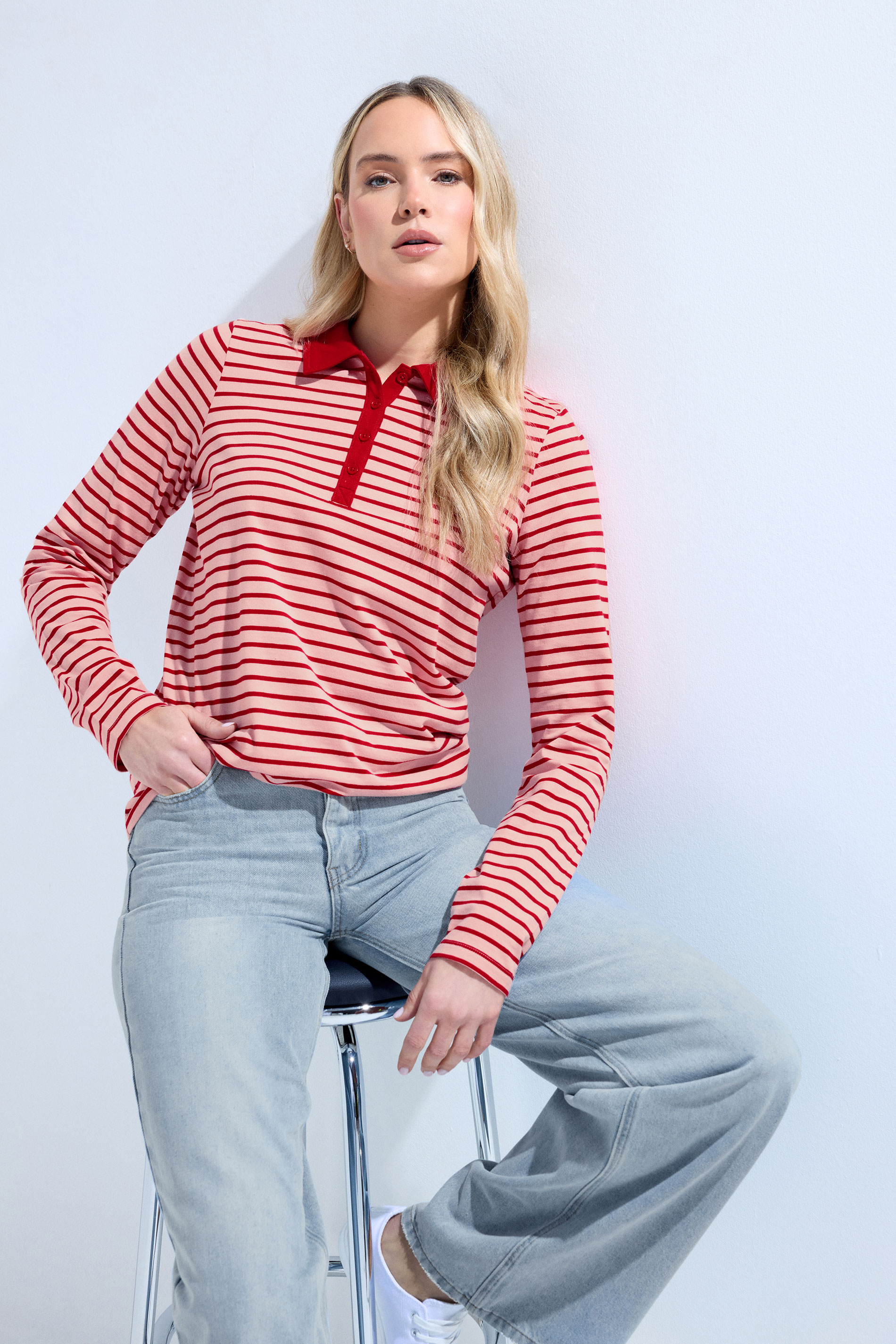 LTS Tall Women's Red and Pink Stripe Polo Cotton T-Shirt | Long Tall Sally 3