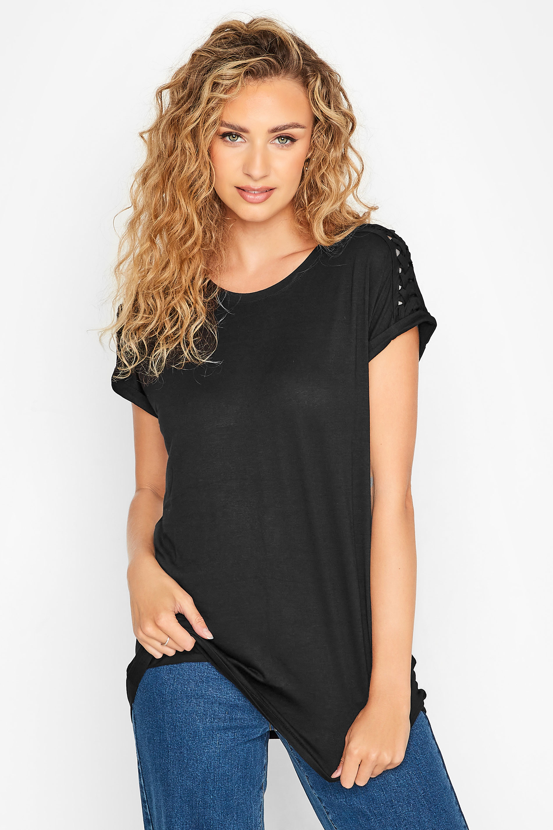 LTS Tall Black Crochet Sleeve Detail T-Shirt 1