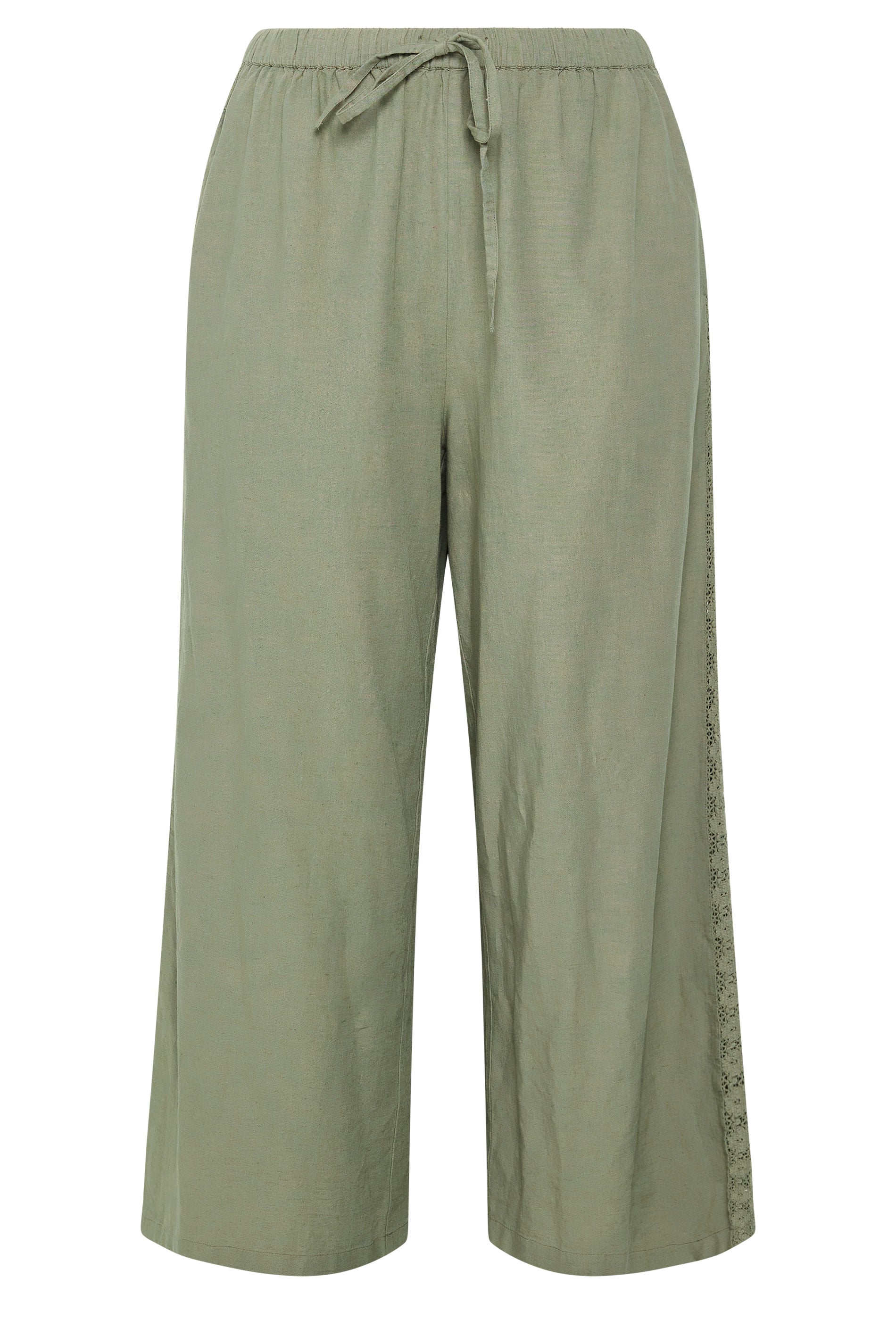 YOURS Plus Size Khaki Green Crochet Detail Linen Trousers | Yours Clothing 5
