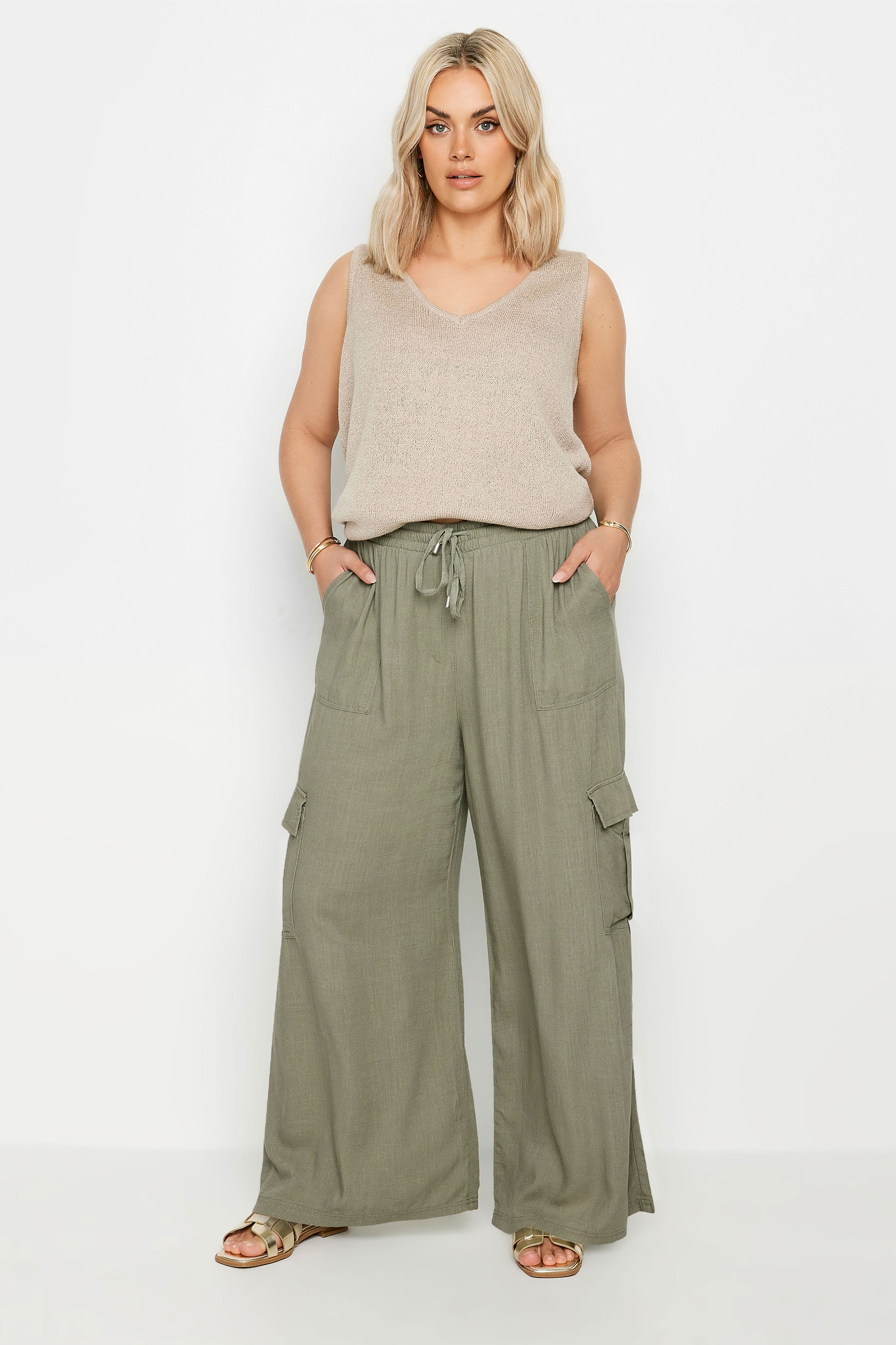 YOURS Plus Size Khaki Green Linen Wide Leg Cargo Trousers | Yours Clothing 3