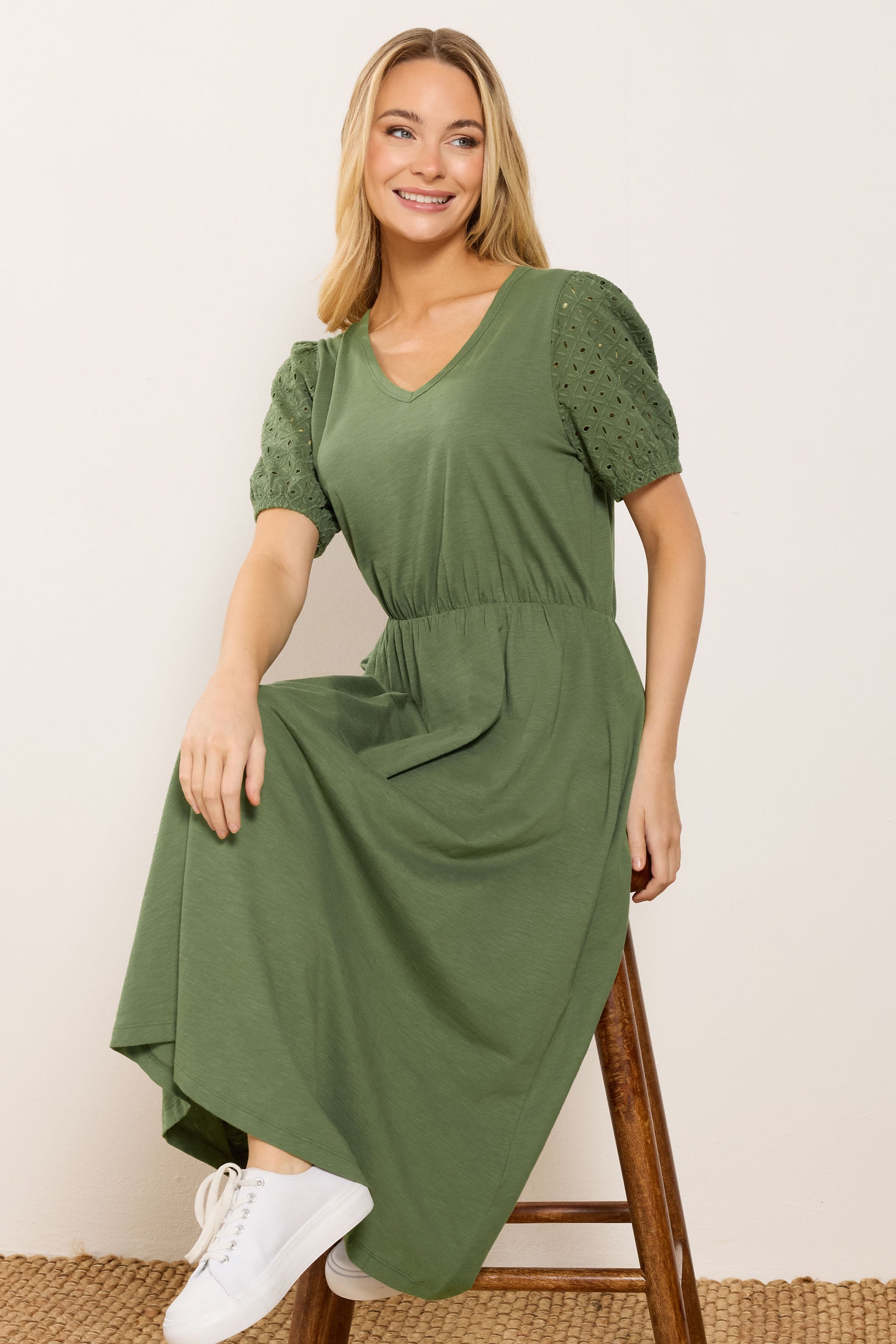 M&Co Khaki Green Broderie Sleeve Cotton Midi Dress | M&Co 1