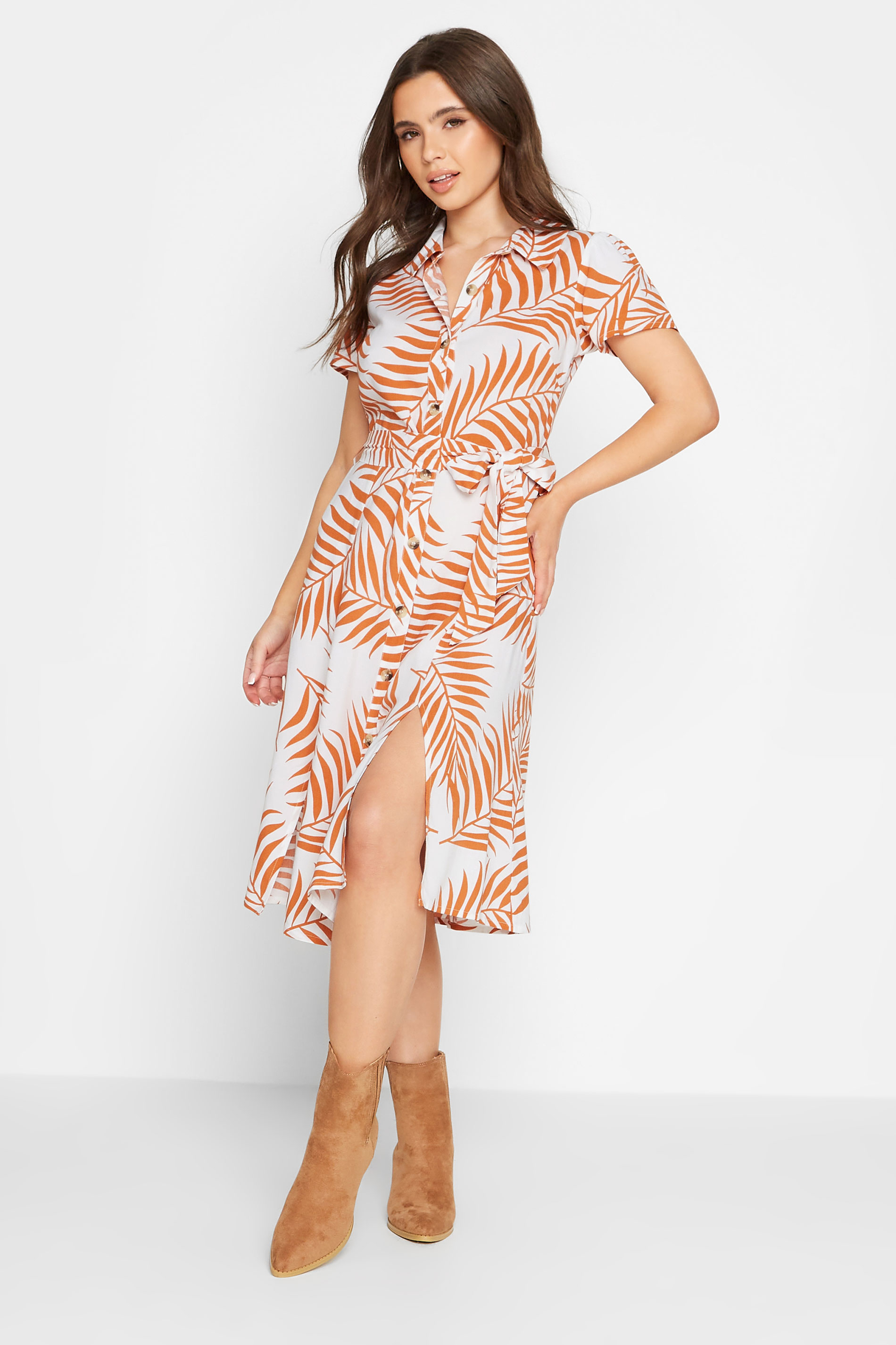 Petite White & Orange Leaf Print Belted Midi Dress | PixieGirl 1