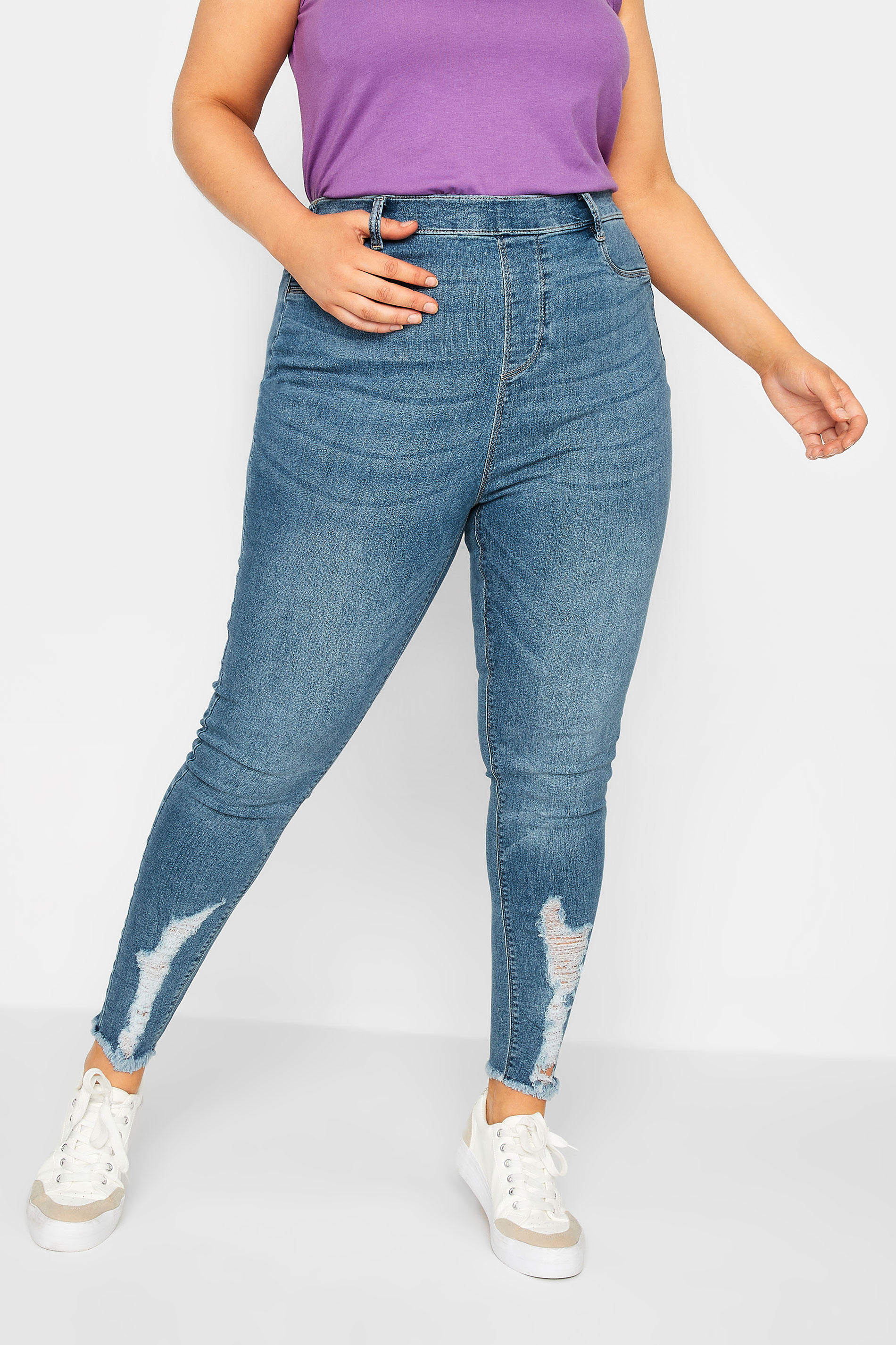YOURS Plus Size Mid Blue Distressed Hem GRACE Jeggings | Yours Clothing 1