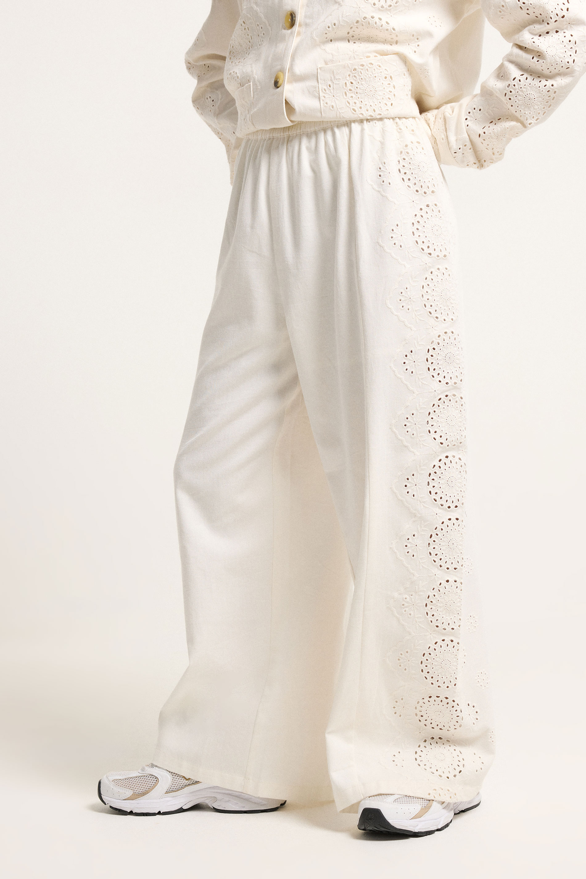 PixieGirl Petite Women's White Embroidered Cotton Wide Leg Trousers | PixieGirl 1