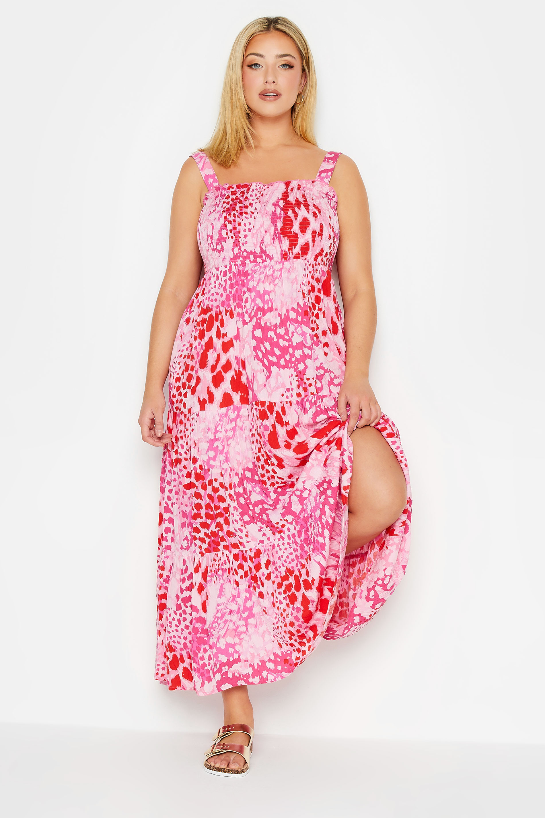 YOURS Plus Size Pink Animal Markings Shirred Strappy Sundress | Yours Clothing 3