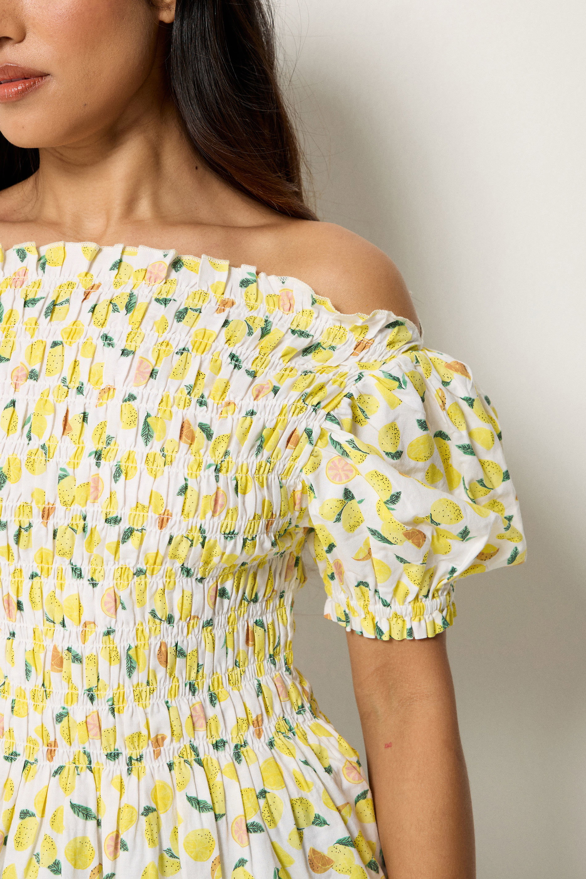 PixieGirl Petite Women's Yellow Lemon Shirred Top | PixieGirl 2