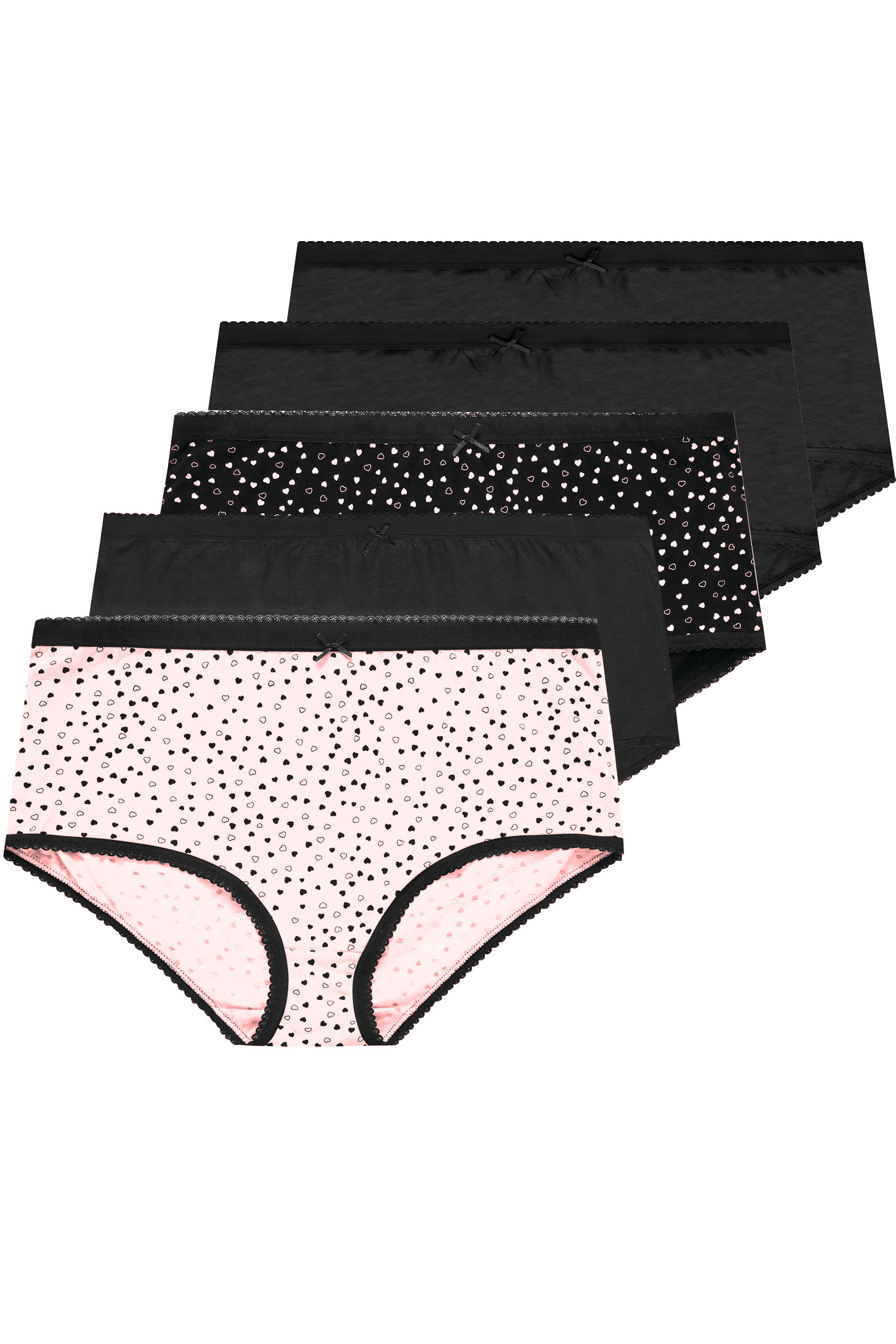 5 PACK Black & Pink Mini Heart Print Briefs | Yours Clothing