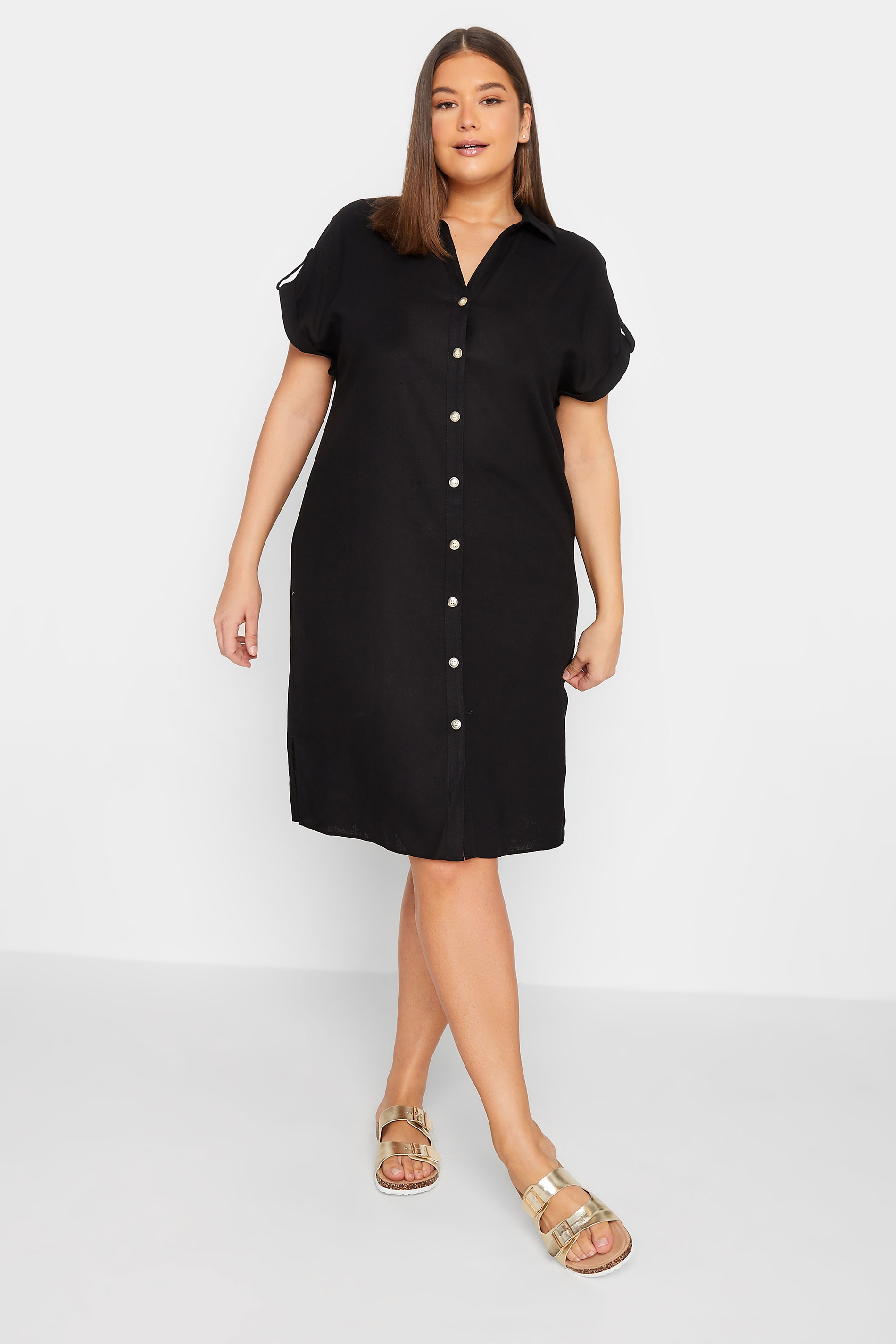 LTS Tall Women's Black Linen Look Button Through Shirt Dress | Long Tall Sally  1