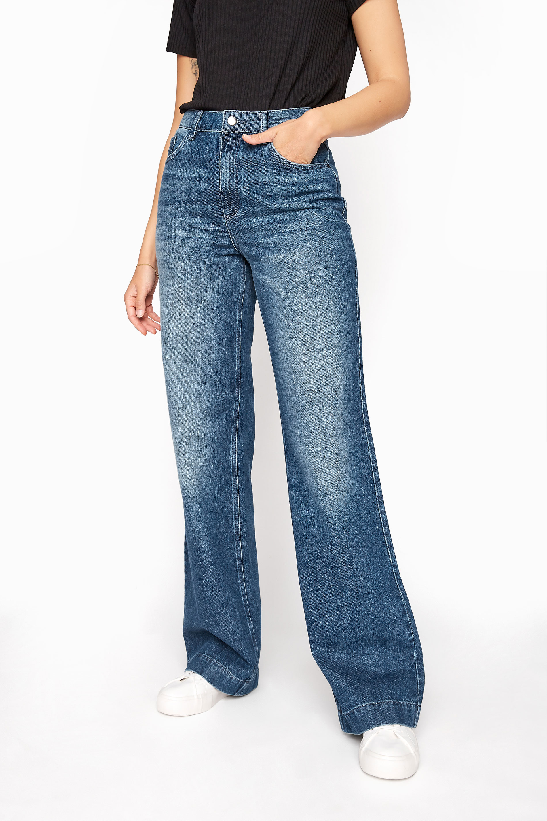 Mid Blue Denim Wide Leg Jeans | Long Tall Sally