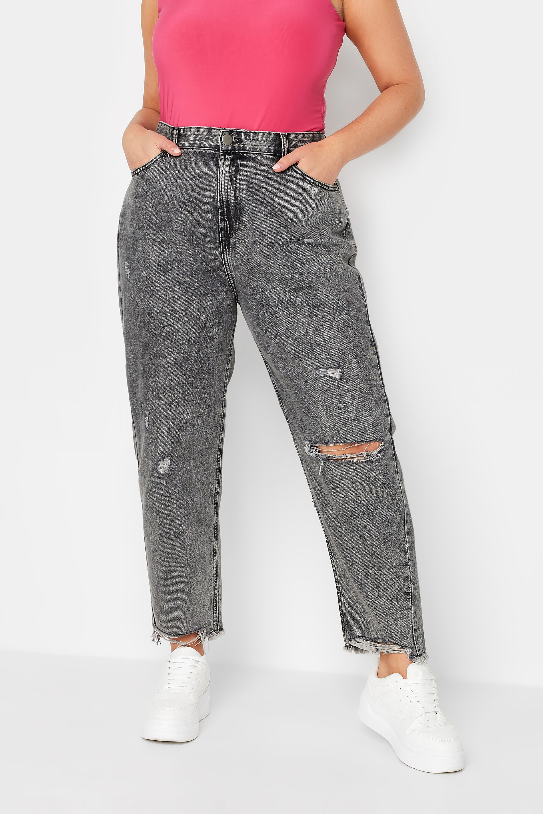 Plus Size Grey Ripped MOM Jeans | Yours Clothing 1