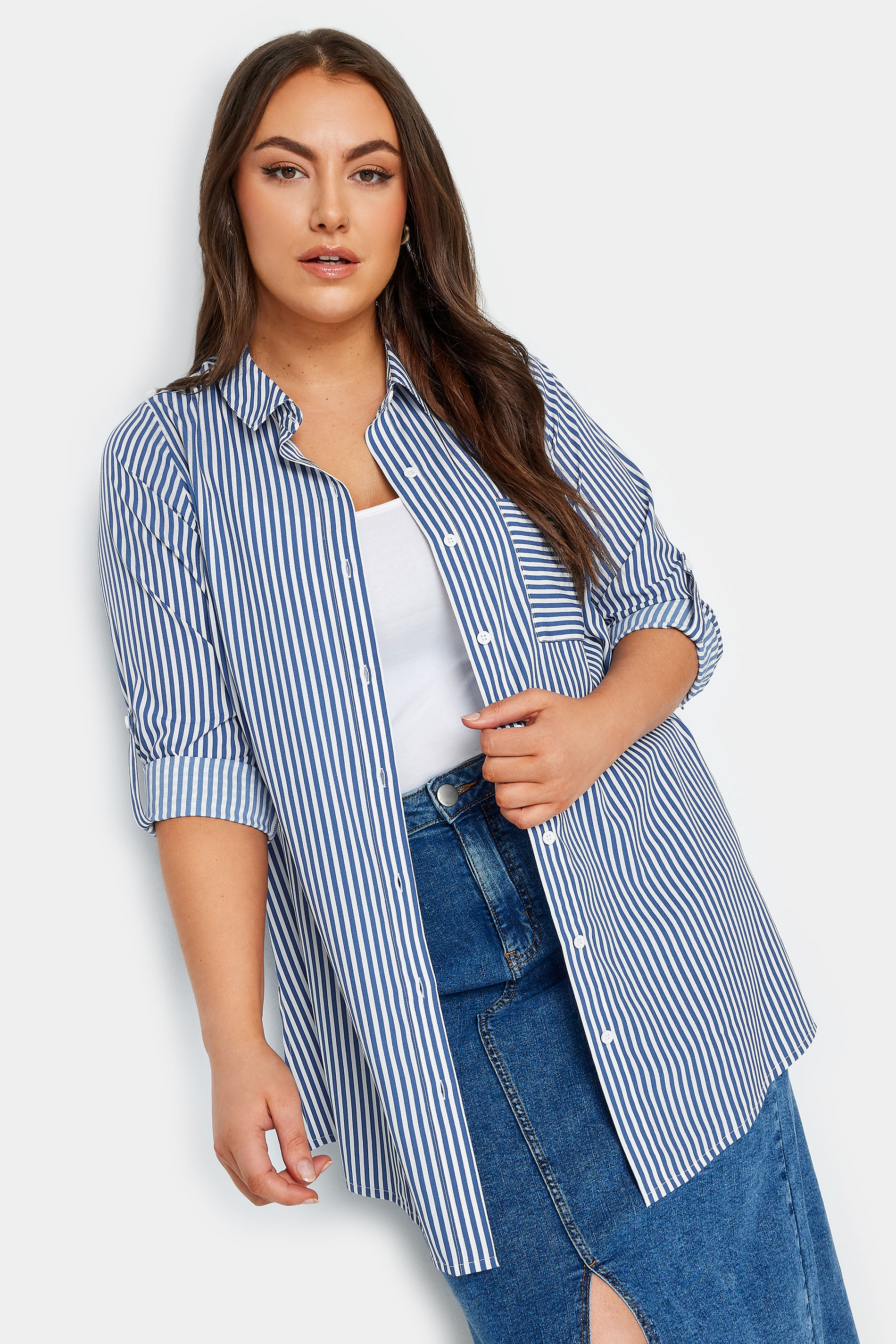 YOURS Plus Size Blue & White Stripe Boyfriend Shirt | Yours Clothing 1
