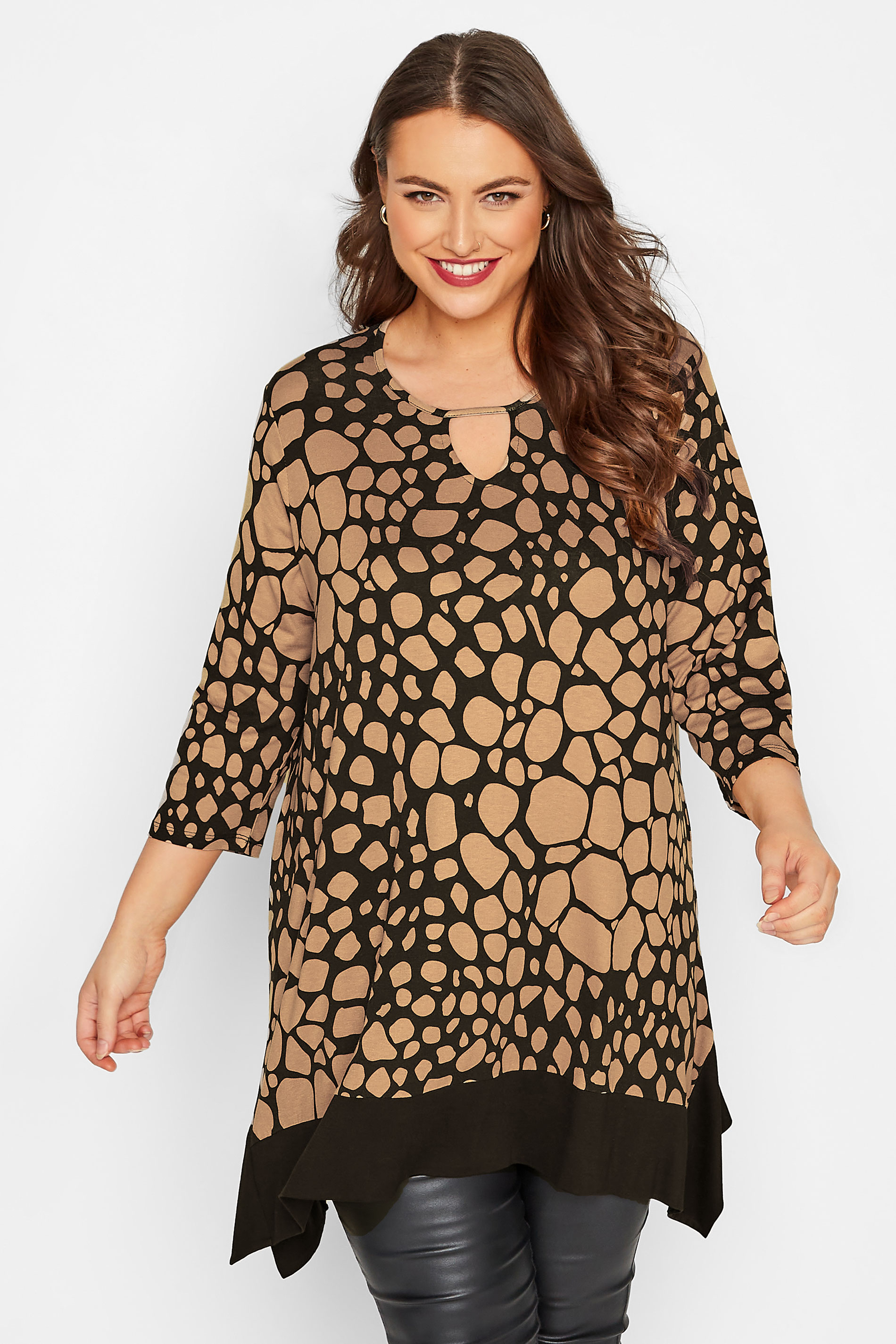 Curve Plus Size Womens Black & Beige Brown Animal Print Cut Out Top | Yours Clothing 1