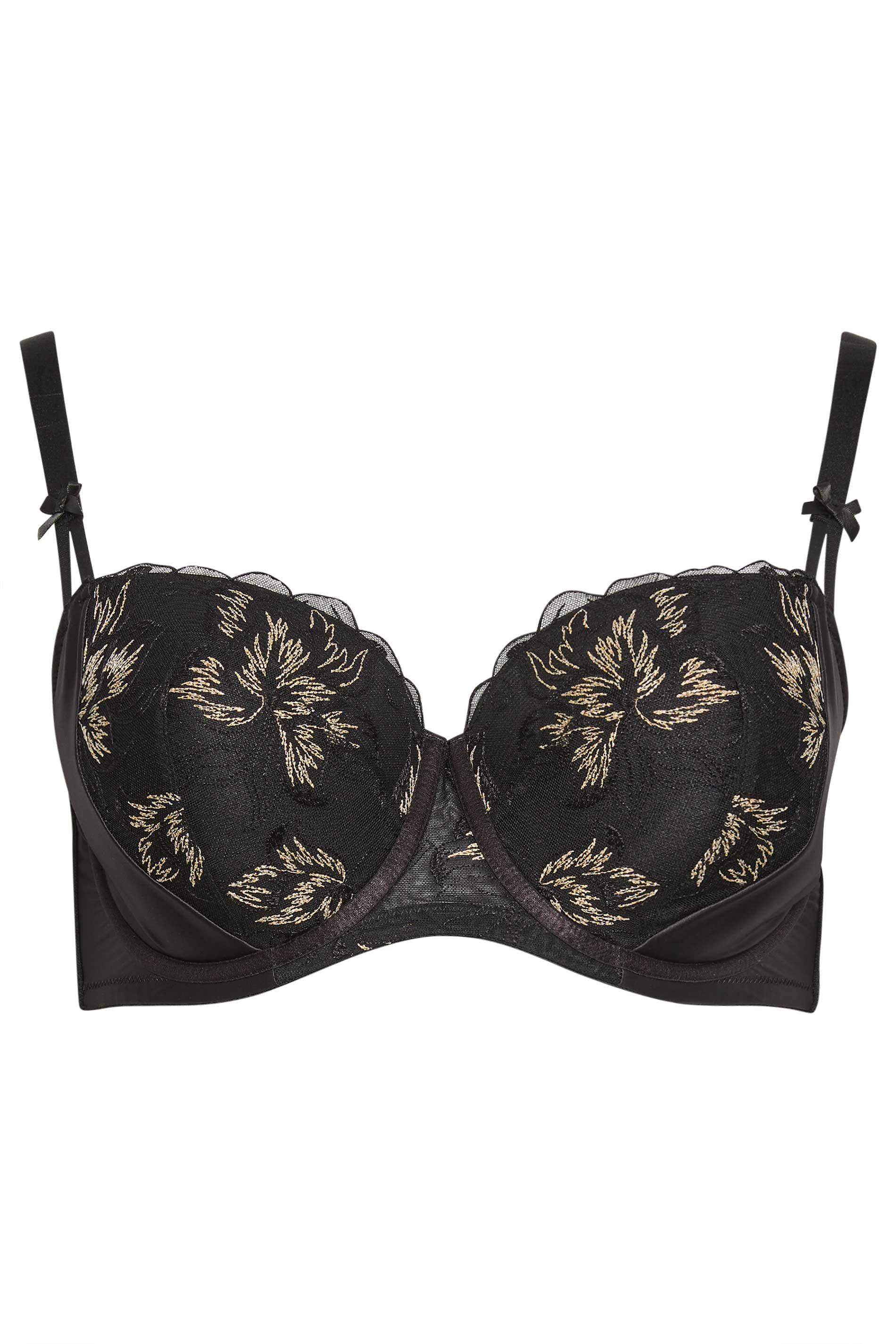 YOURS Plus Size Black Lace Embroidered Padded Balcony Bra | Yours Clothing