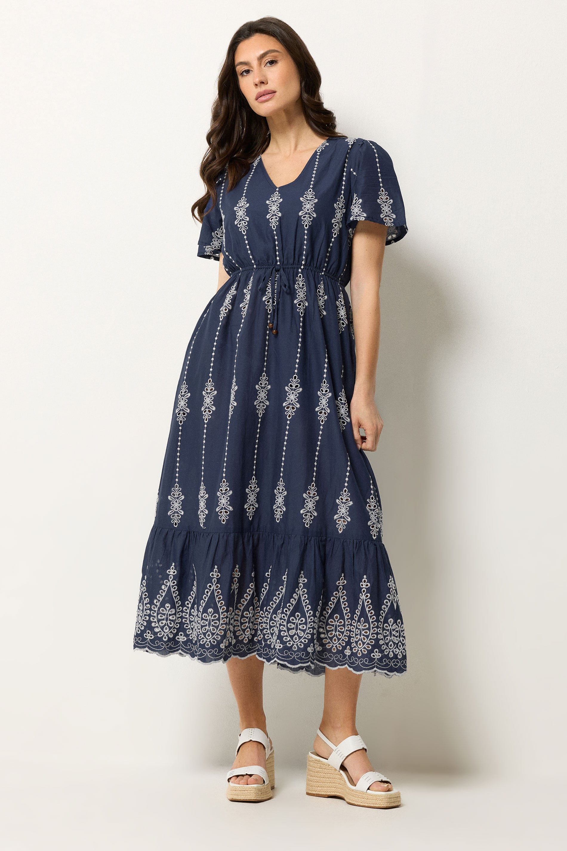 M&Co Navy Blue Broderie Tie Waist Cotton Dress | M&Co 2