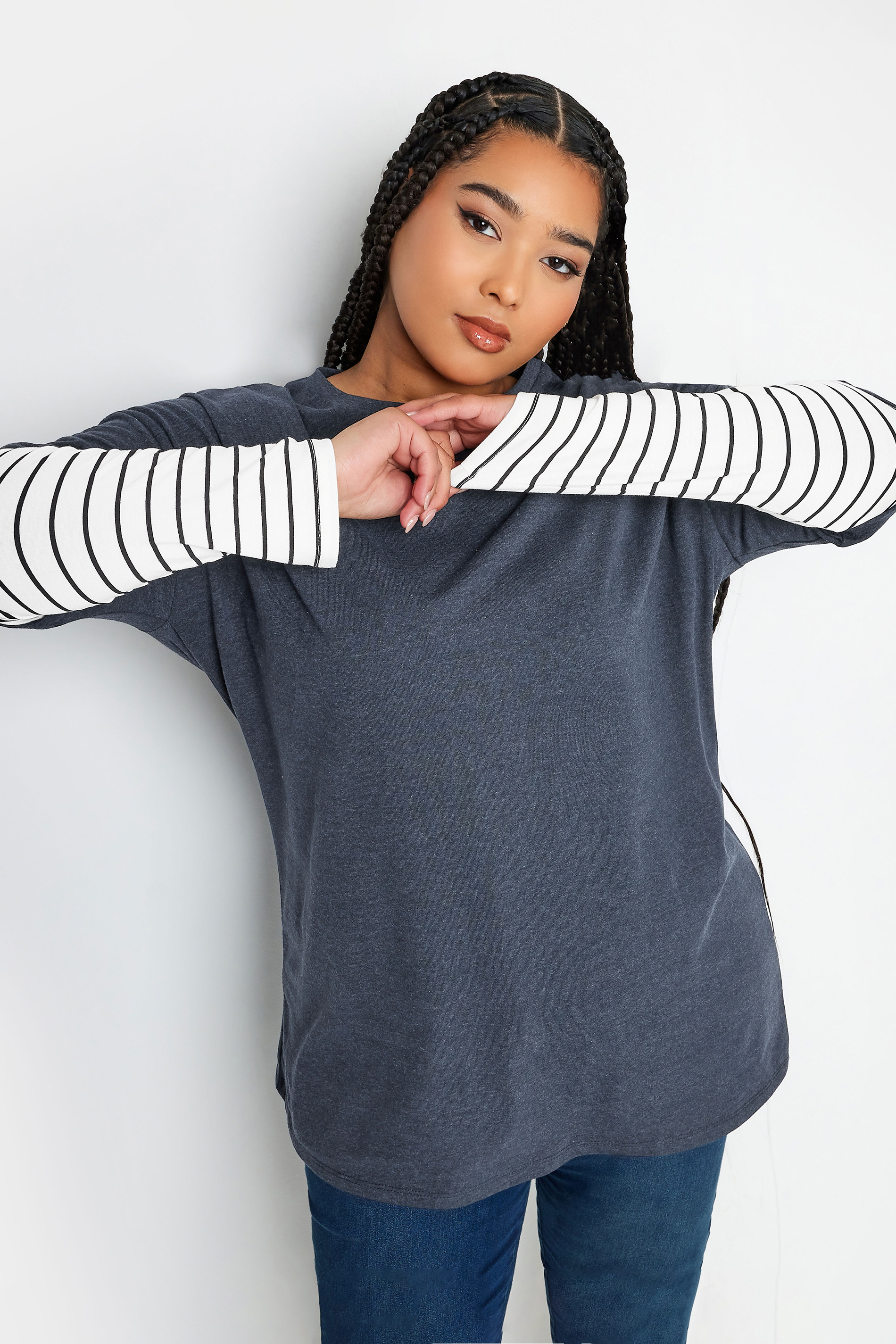 YOURS Plus Size Navy Blue Stripe Sleeve Double Layer T-Shirt | Yours Clothing 1