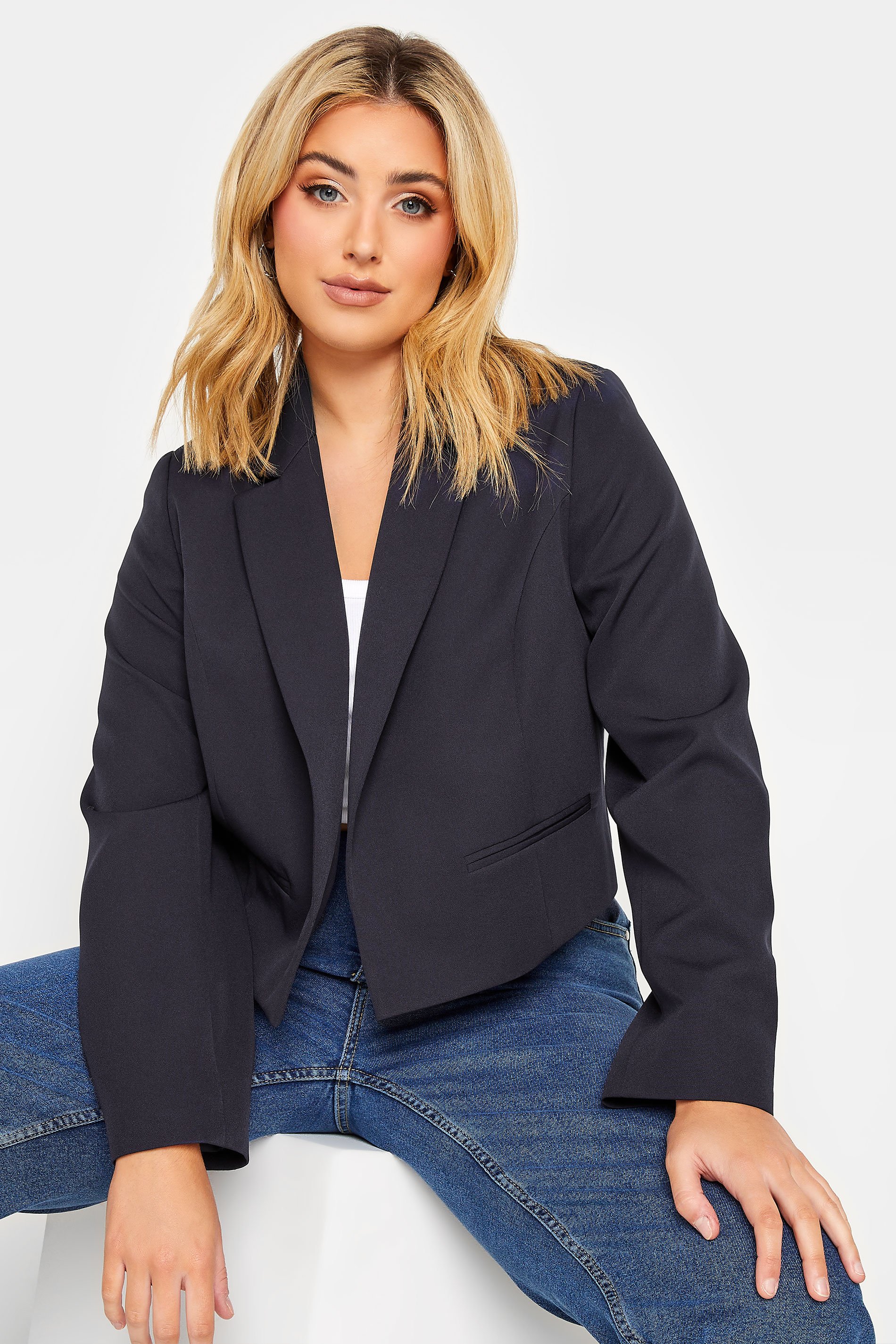 YOURS Plus Size Curve Navy Blue Cropped Blazer | Yours Clothing