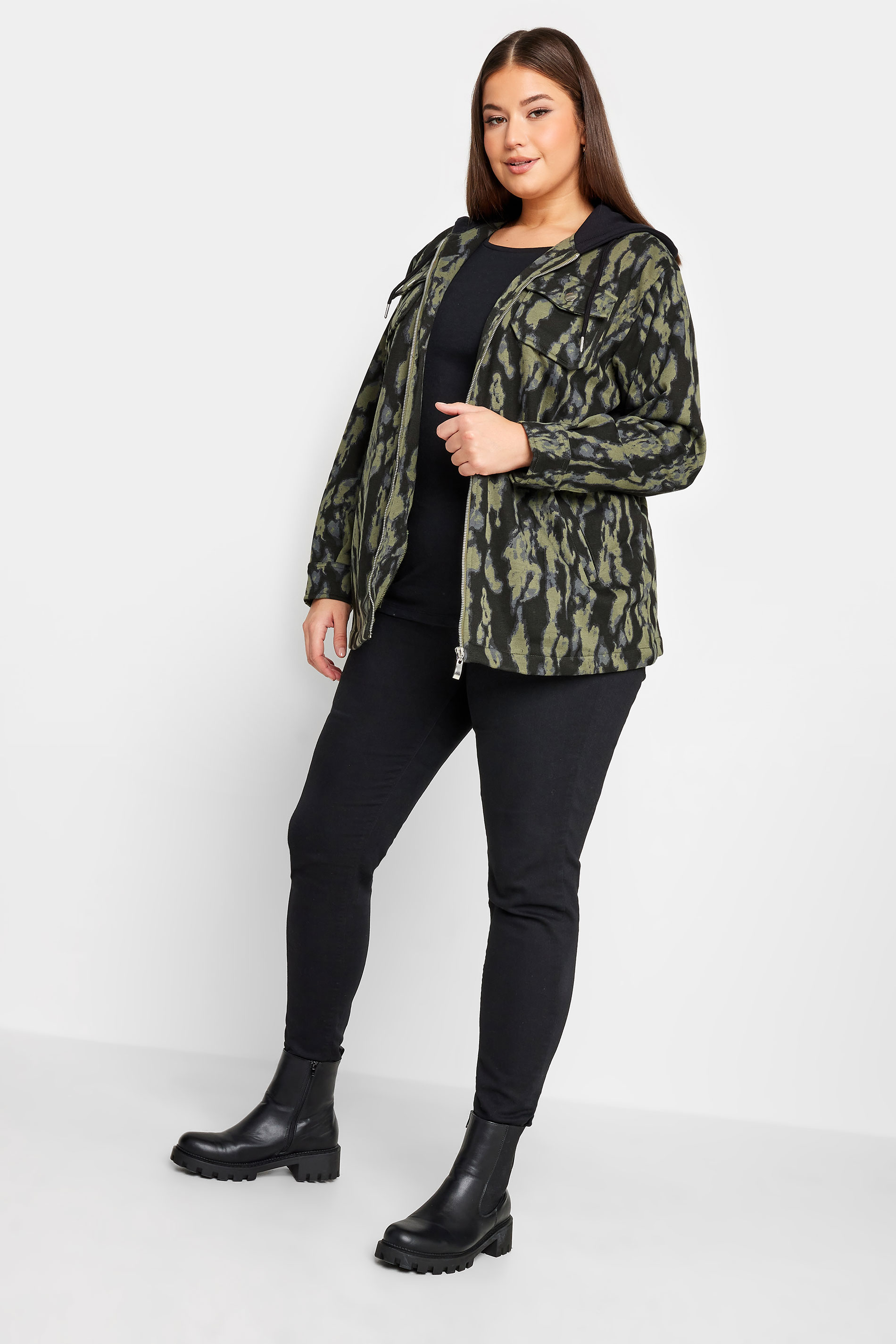 YOURS Plus Size Khaki Green Animal Markings Print Hooded Shacket | Yours Clothing 2