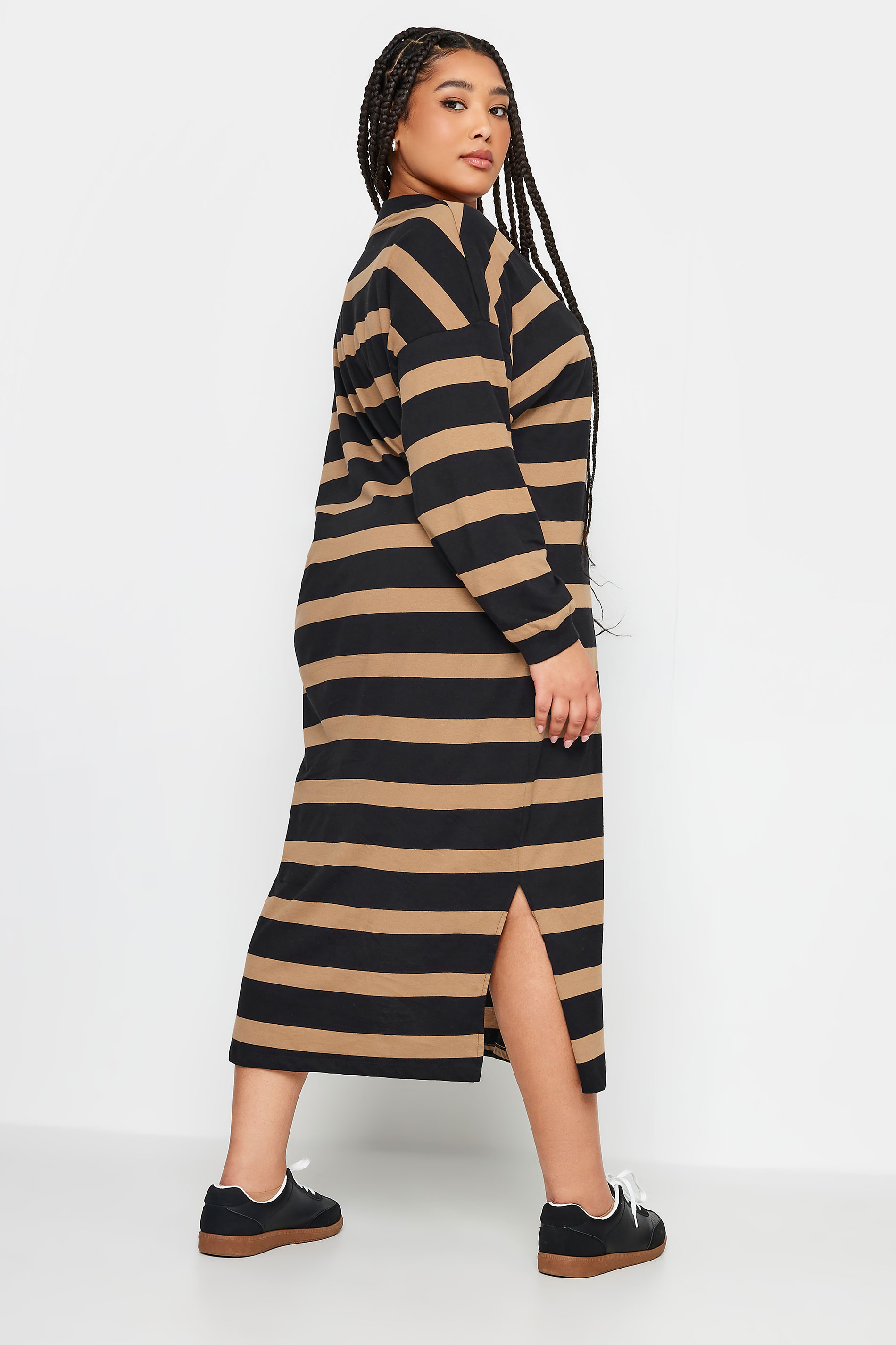 YOURS Plus Size Beige Brown Stripe Print Oversized T-Shirt Dress | Yours Clothing 3