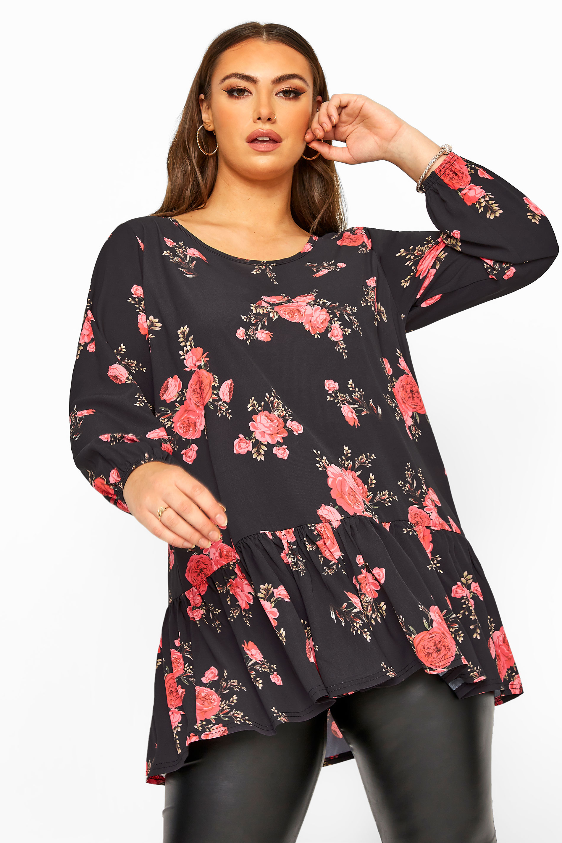 YOURS LONDON Black Rose Floral Peplum Top | Yours Clothing