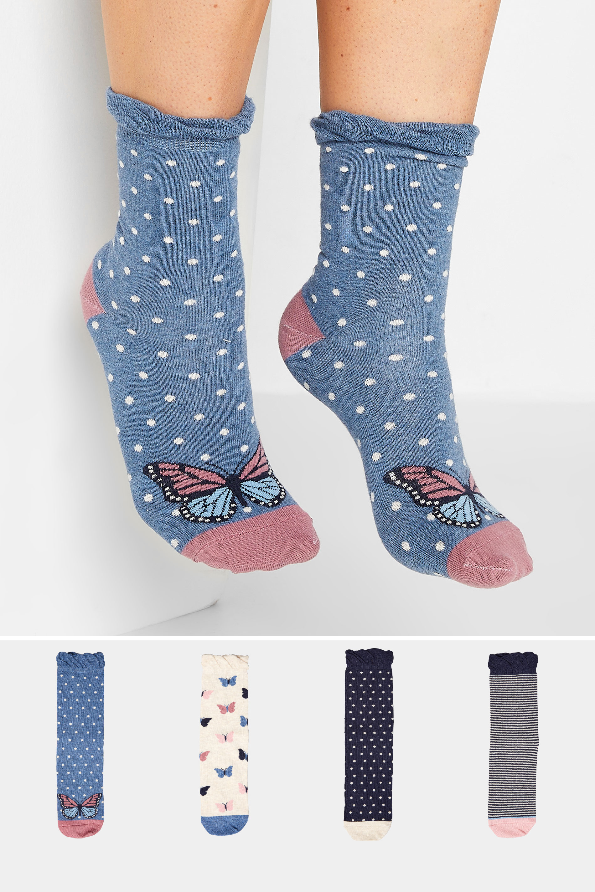 YOURS 4 PACK Blue Butterfly Print Ankle Socks | Yours Clothing 1