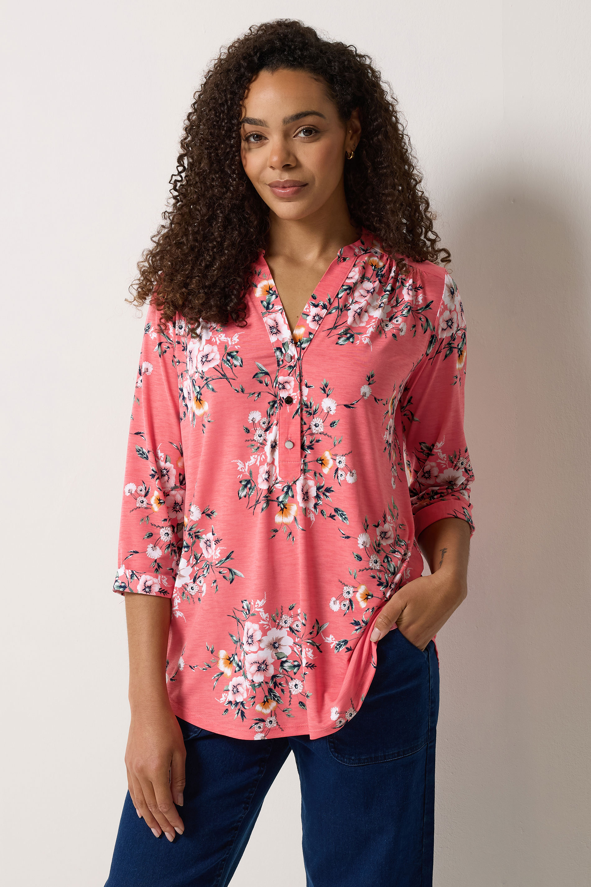 M&Co Pink Floral Half Placket Shirt | M&Co 3