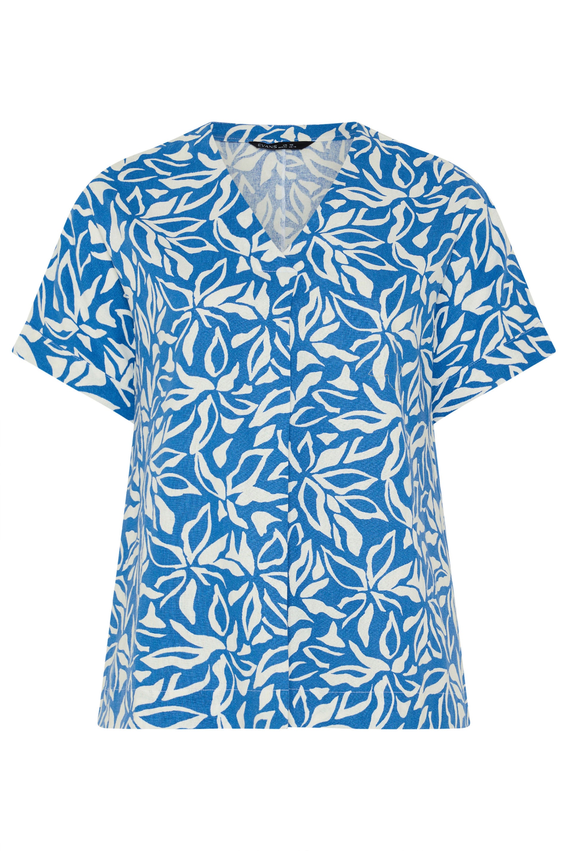 EVANS Plus Size Blue Leaf Print Premium Linen Front Pleat Top | Evans 5