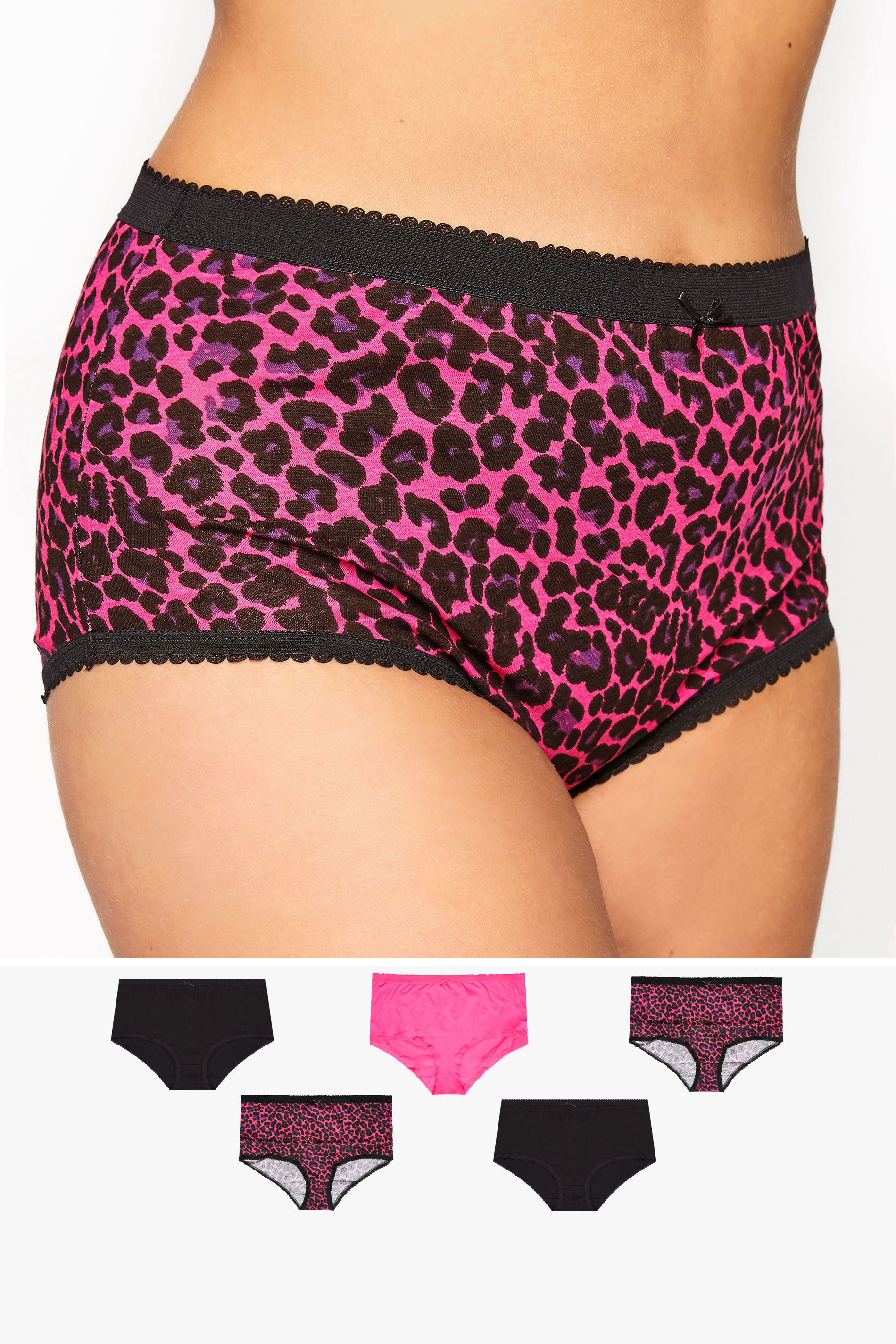5 PACK Curve Pink & Black Leopard Print High Waisted Full Briefs 1