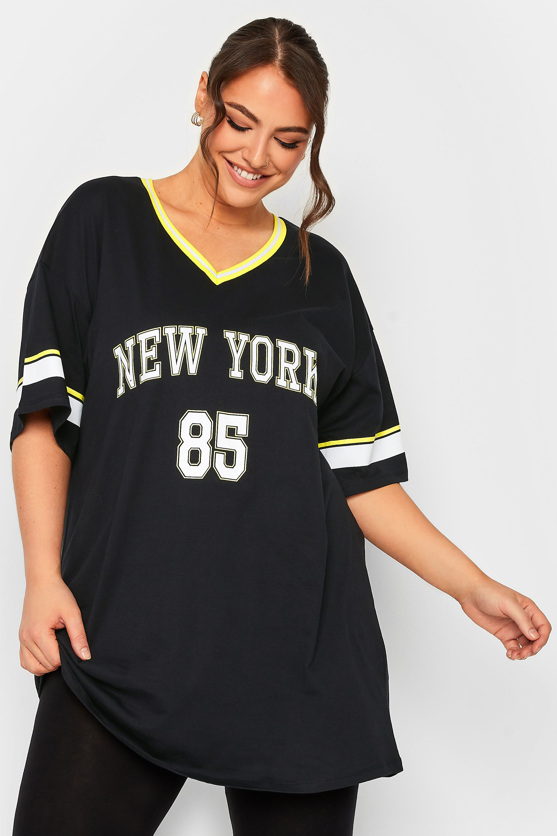 YOURS Curve Black and Yellow 'New York' Slogan Varsity Tunic Top | Yours Clothing 1