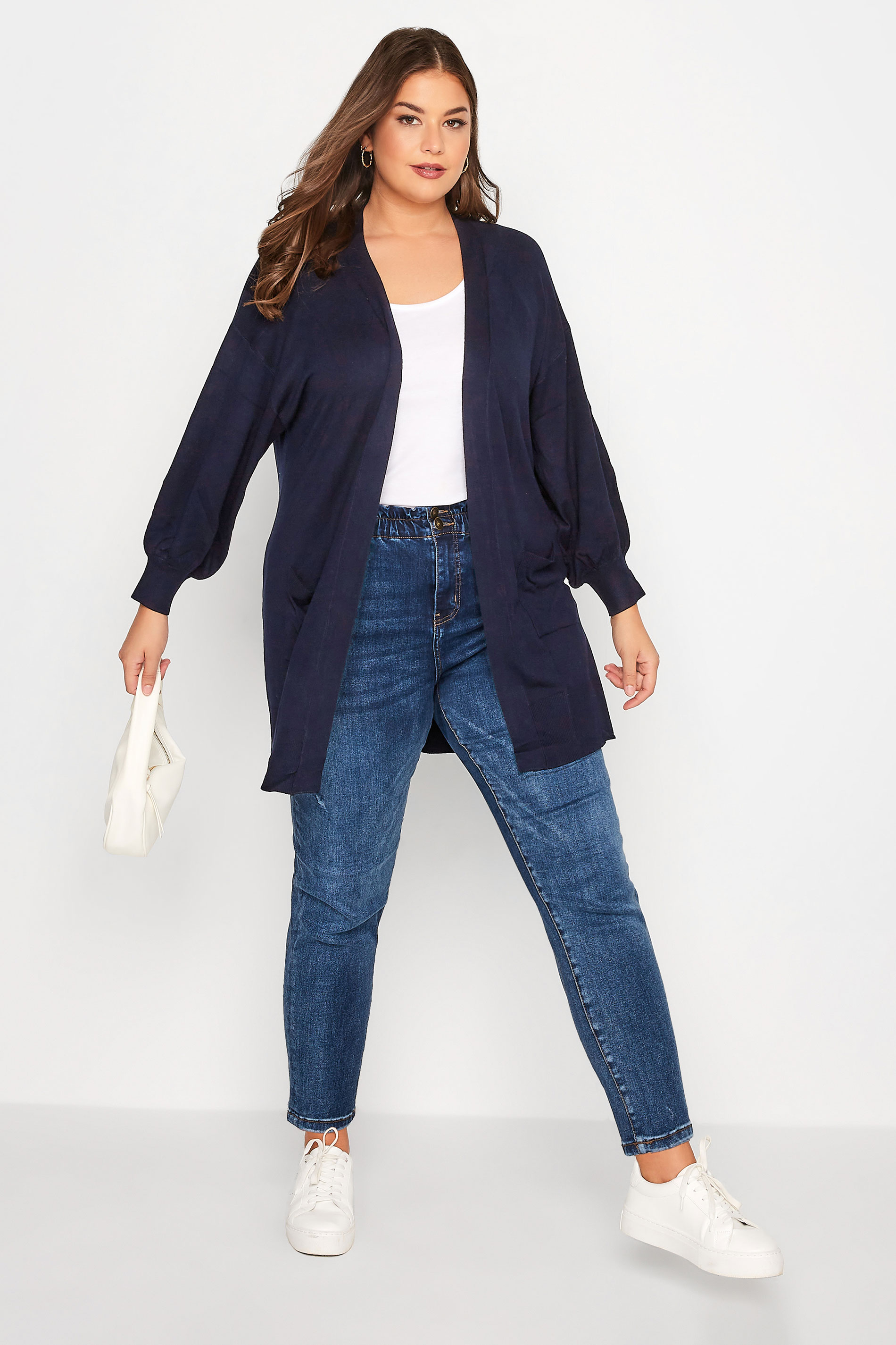 Plus Size Curve Navy Blue Balloon Sleeve Fine Knit Cardigan | Yours Clothing 3