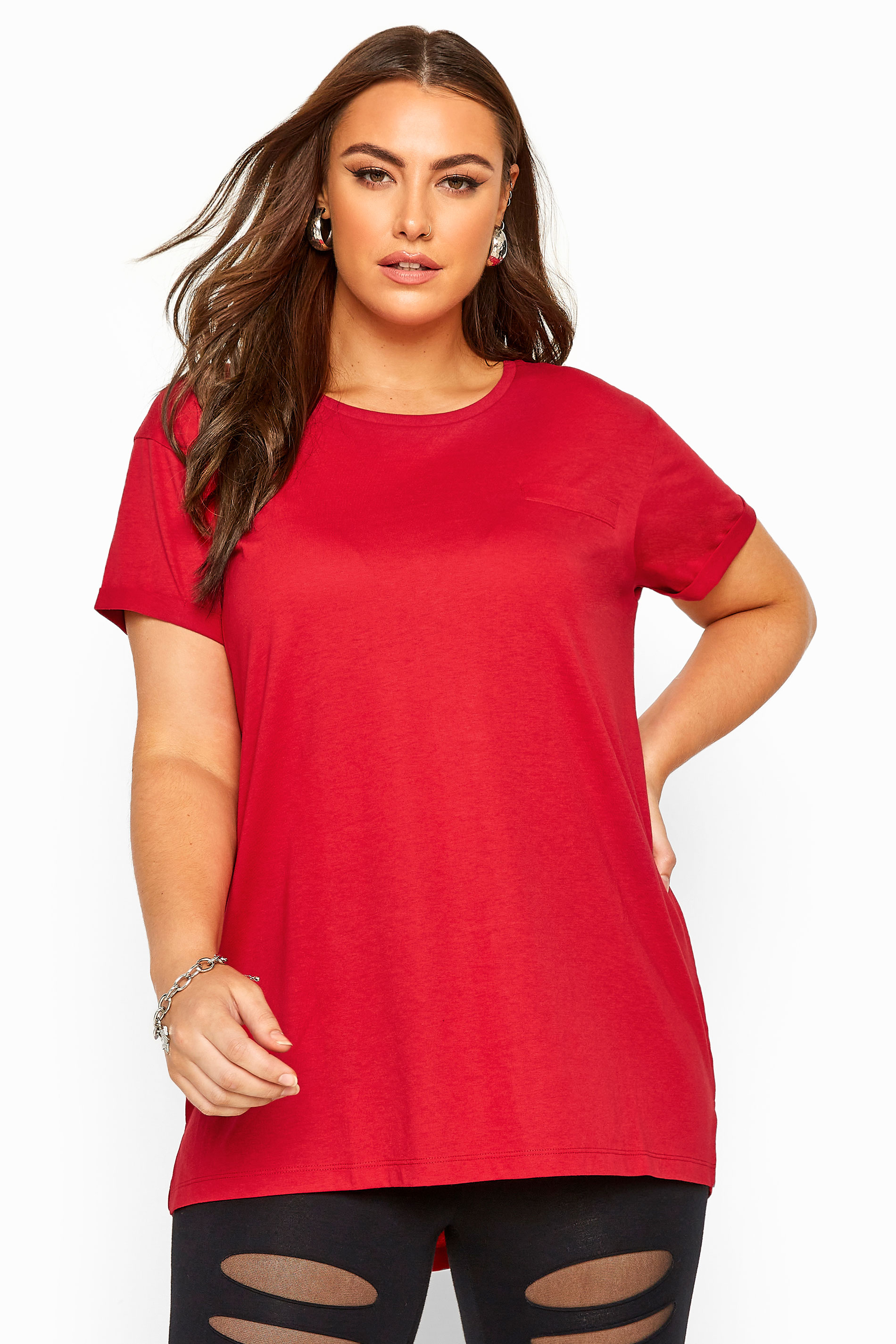 Download Red Mock Pocket Dipped Hem T-Shirt | Yours Clothing
